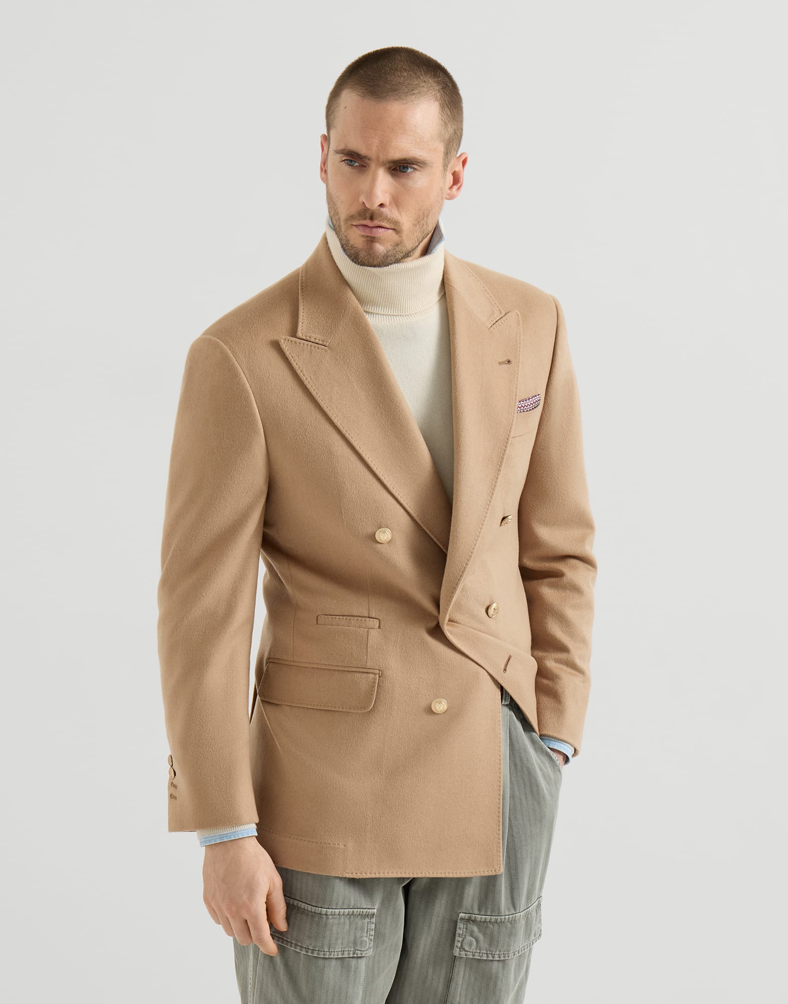 Flannel one-and-a-half-breasted blazer Camel Man - Brunello Cucinelli