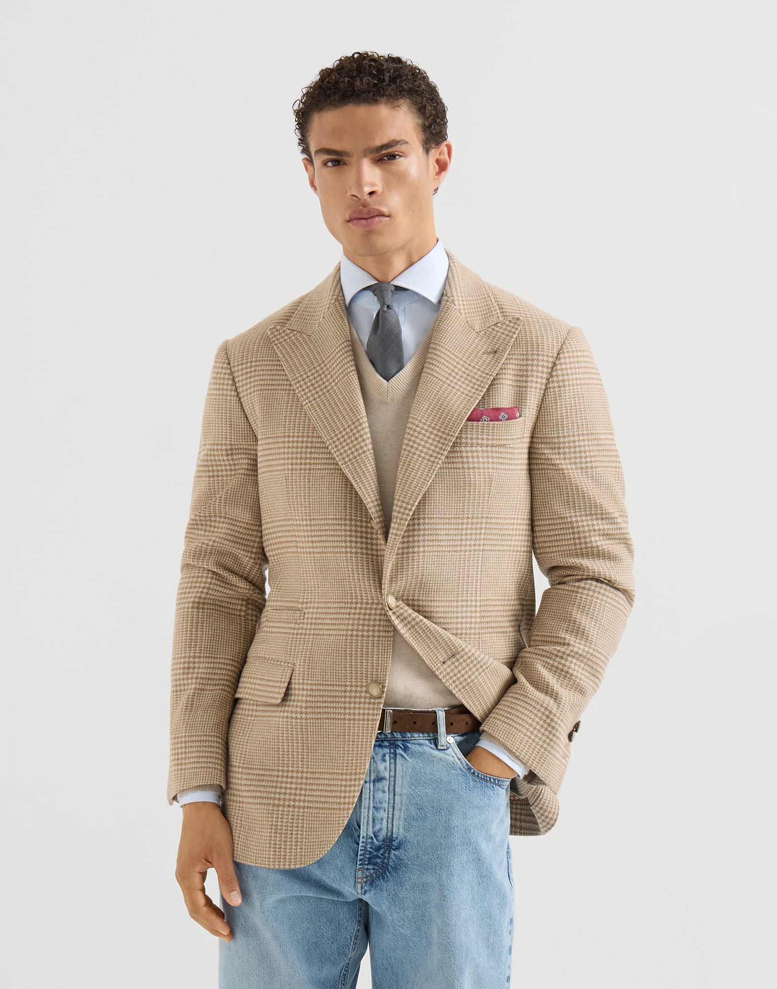 Prince of Wales deconstructed blazer Camel Man - Brunello Cucinelli