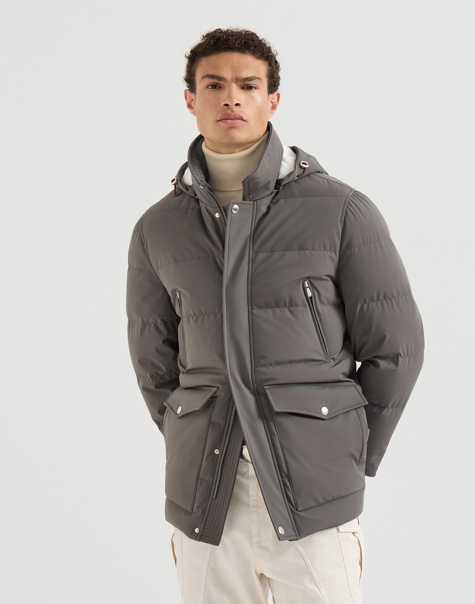 Brunello Cucinelli ナイロン フーデッドパーカー コート Bonded nylon parka for Man in Lead | Brunello Cucinelli