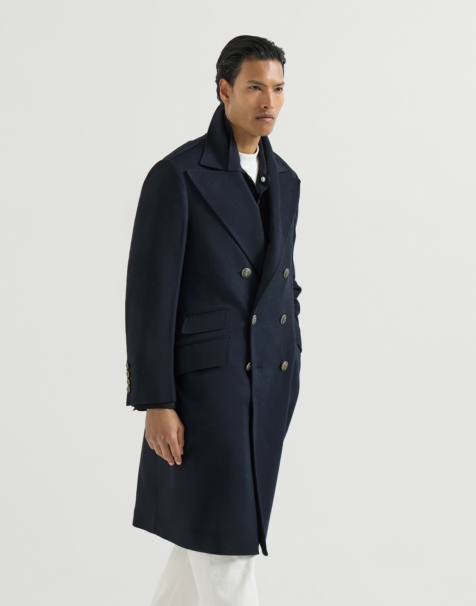 Chevron flannel coat for Man in Navy Blue | Brunello Cucinelli