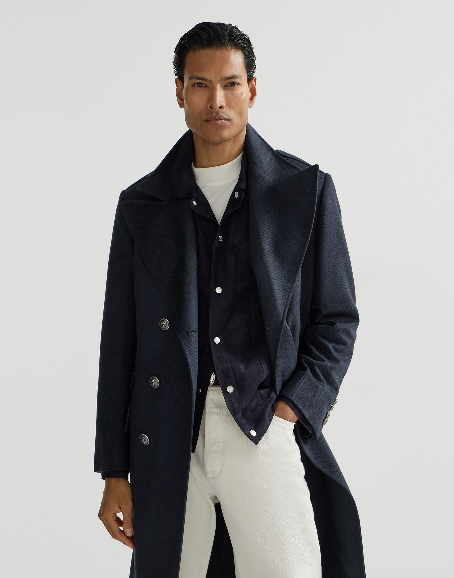 Chevron flannel coat for Man in Navy Blue | Brunello Cucinelli