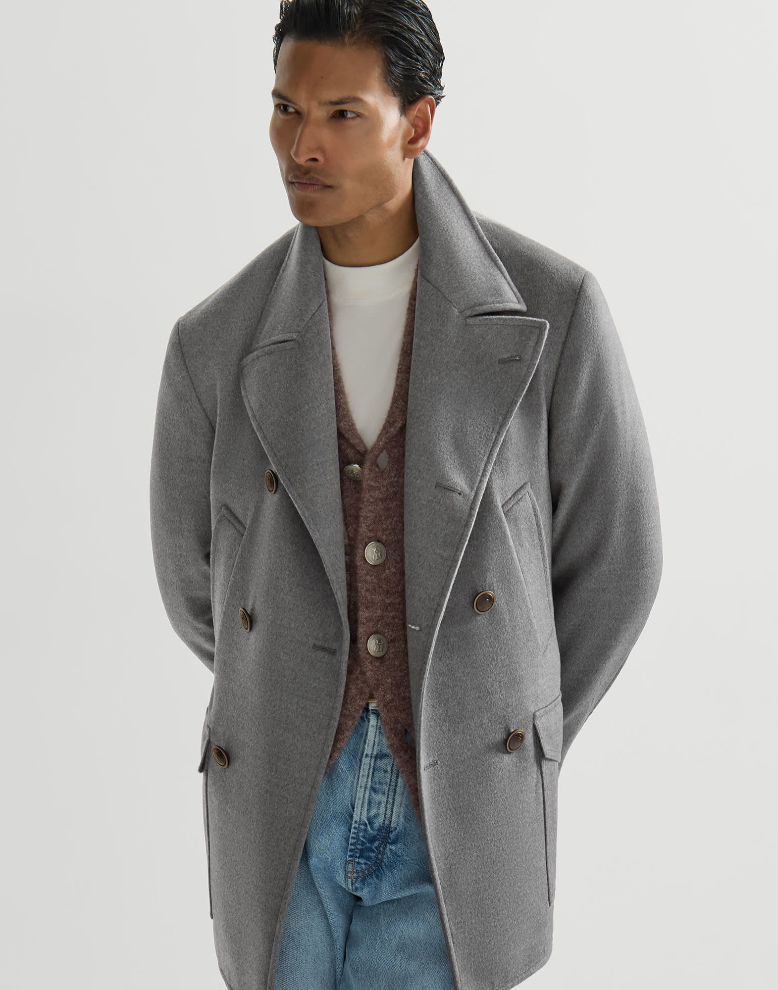 Virgin wool pea coat for Man in Grey | Brunello Cucinelli