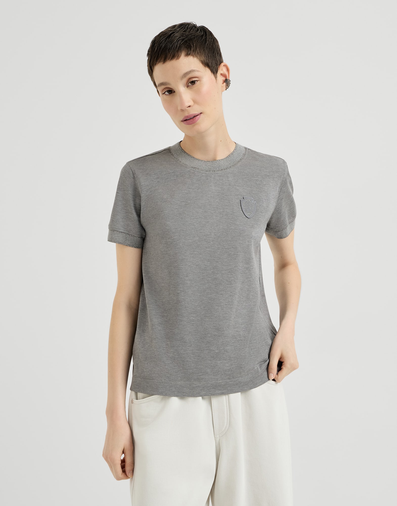レディース 向け ダークグレー ロゴ入り ピケ Tシャツ | Brunello