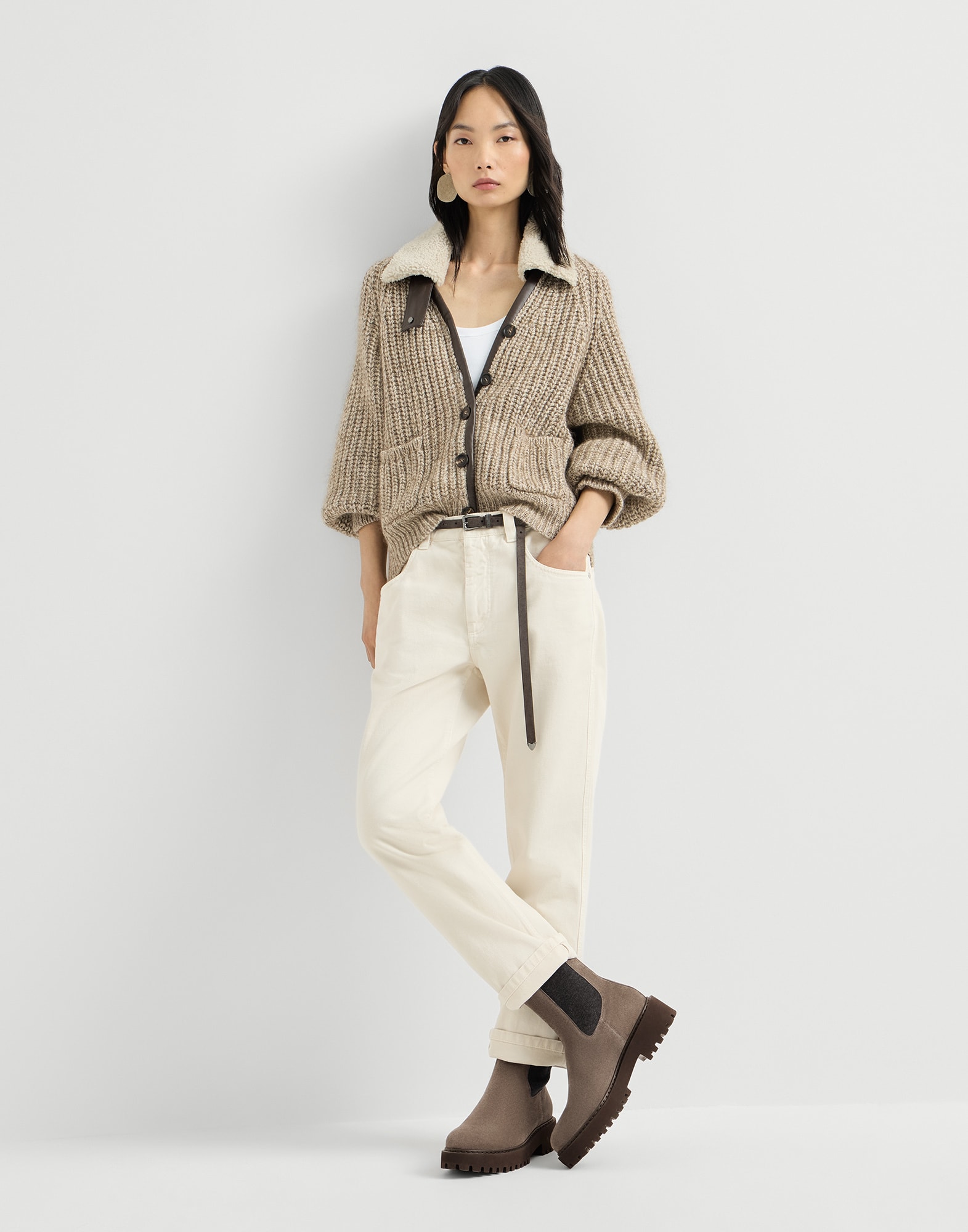 Suede and knit boots for Woman in Bark | Brunello Cucinelli