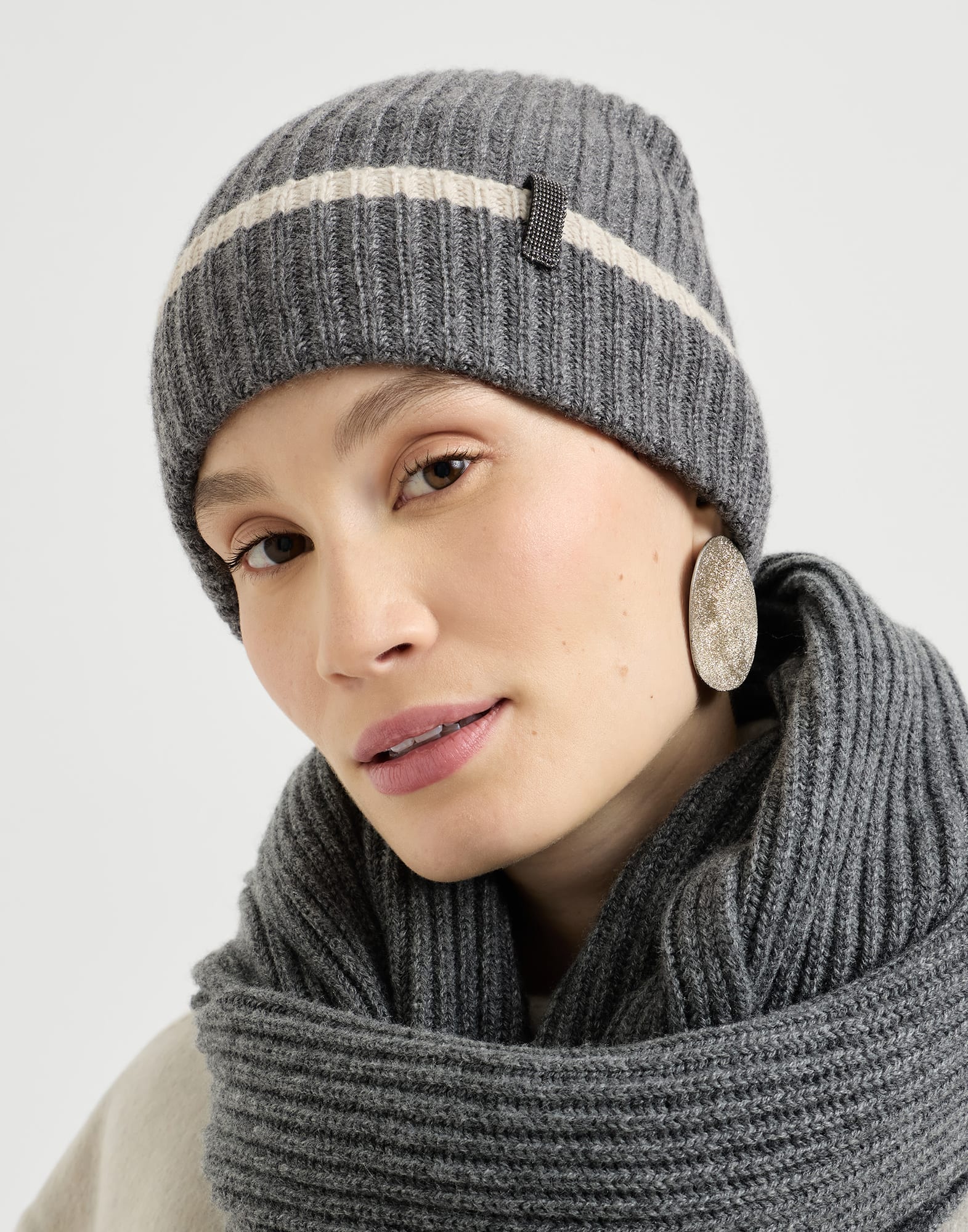 Knit beanie for Woman in Lead | Brunello Cucinelli