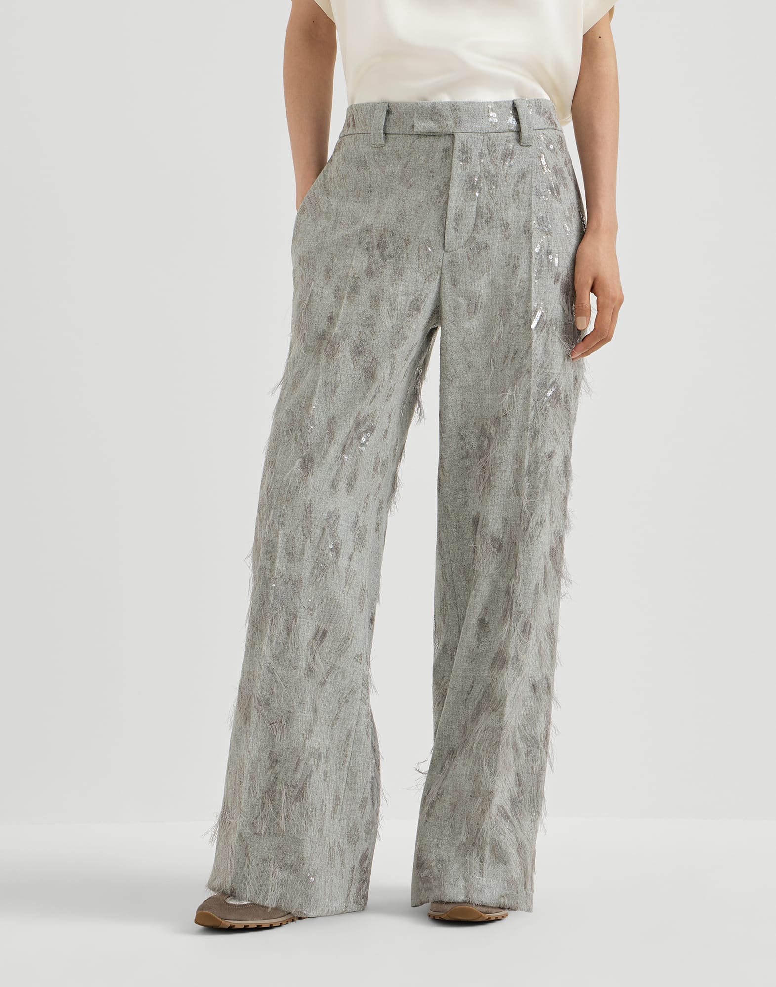 Trousers with dazzling lynx embroidery Grey Woman - Brunello Cucinelli