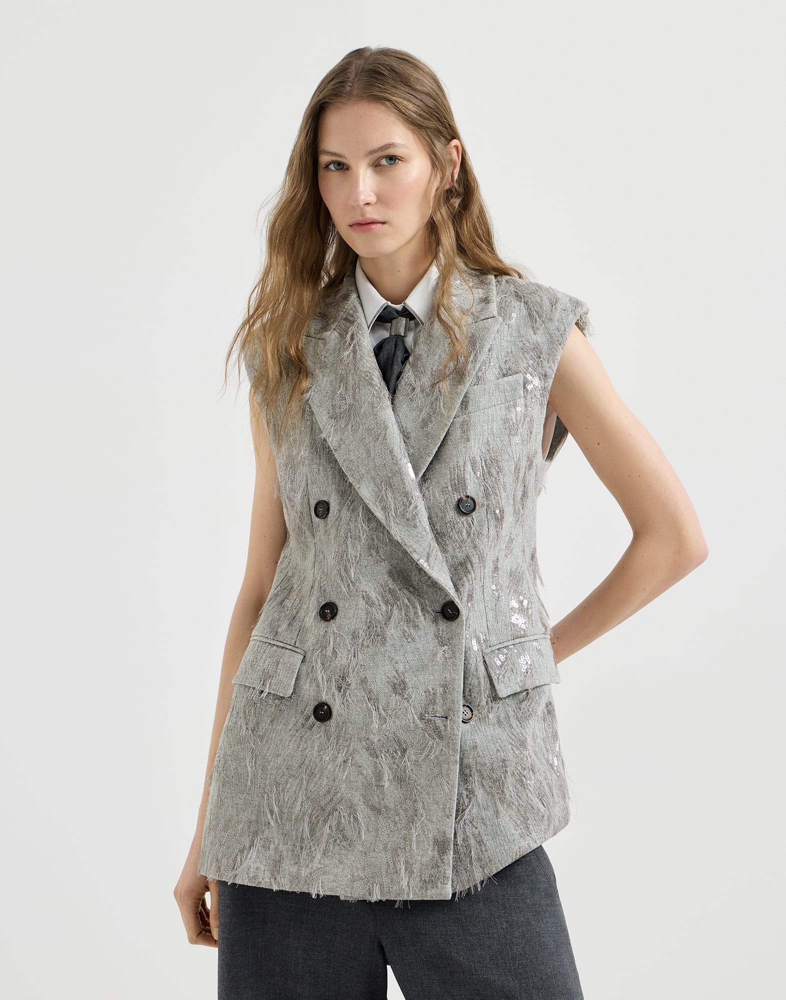 Vest with dazzling lynx embroidery Grey Woman - Brunello Cucinelli