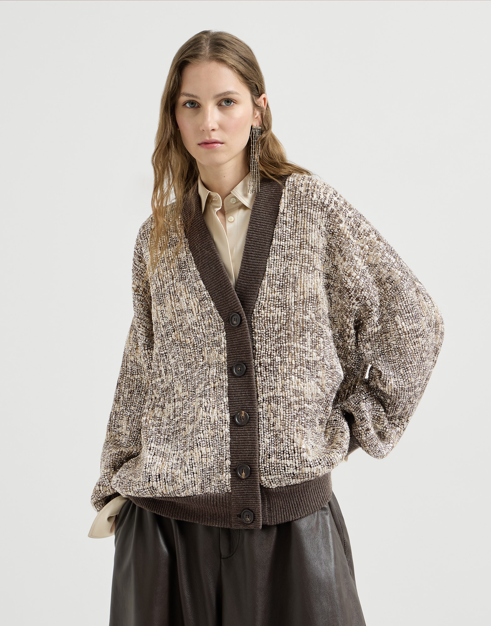 Dazzling Craquelé Embroidery Cardigan for Woman in Silver