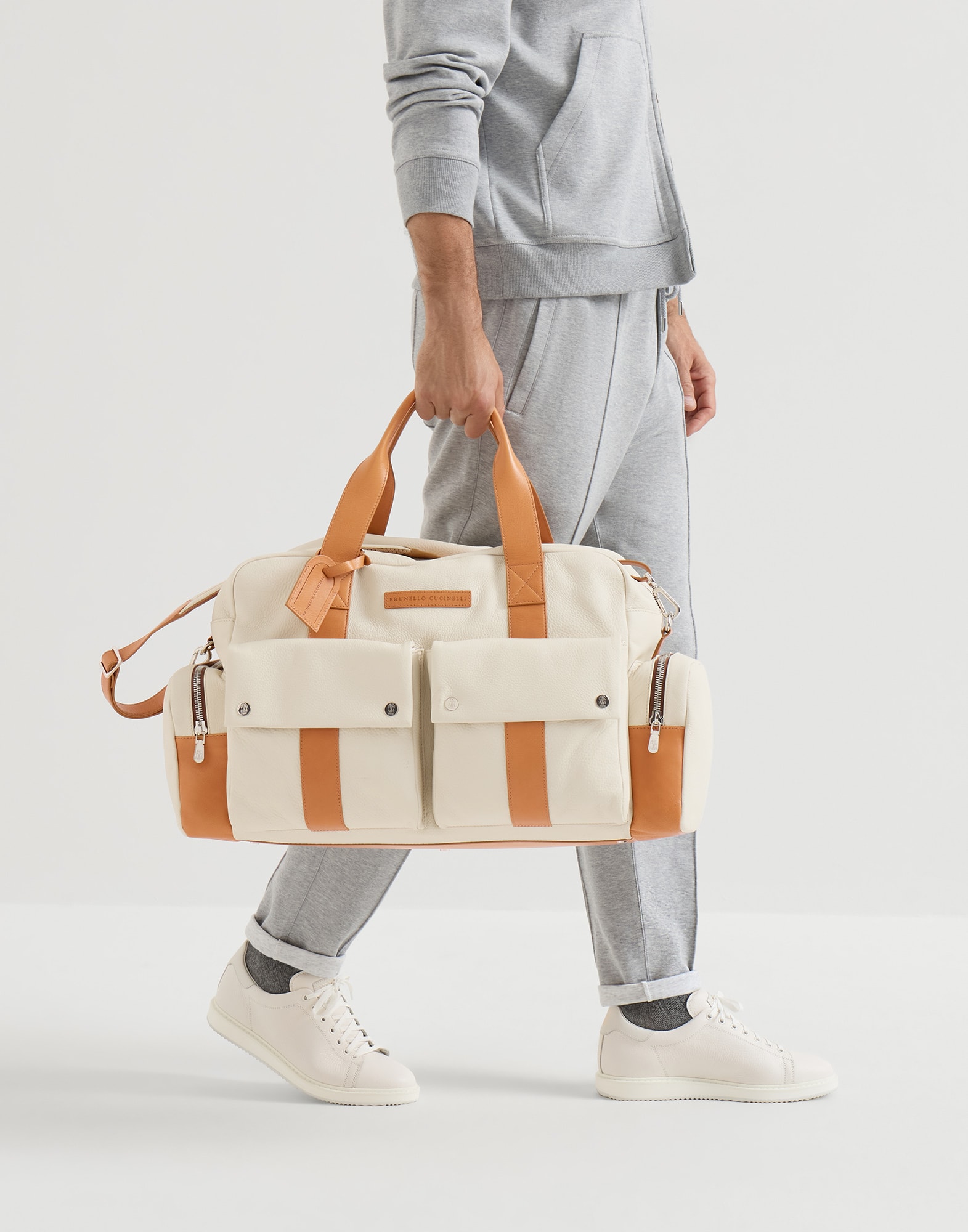 Grained calfskin leisure bag for Man in Ivory | Brunello Cucinelli