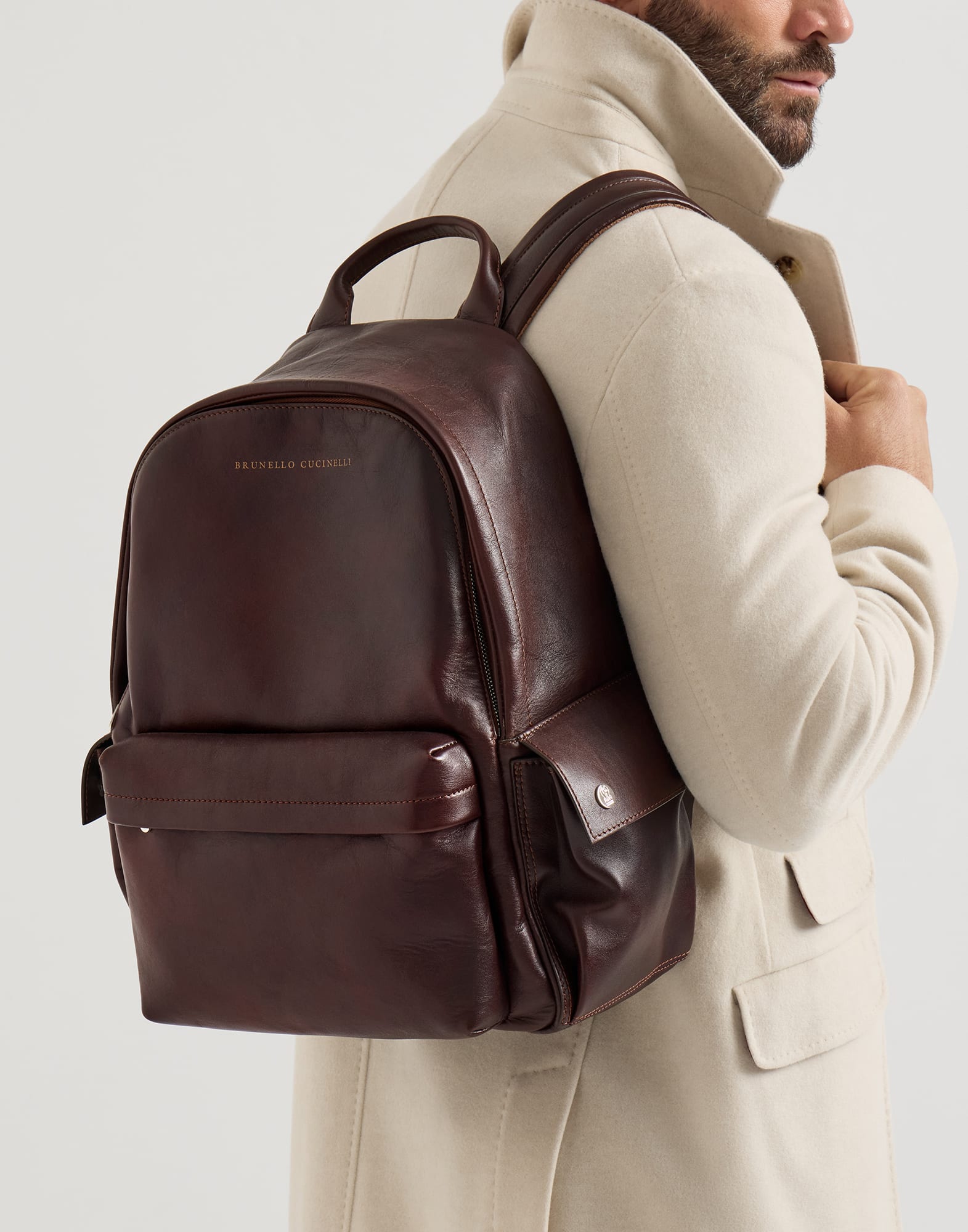 Calfskin travel backpack for Man in Burgundy | Brunello Cucinelli