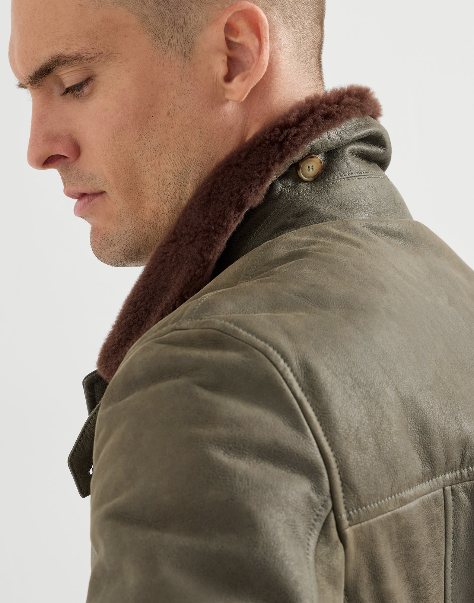 Waxed shearling bomber jacket for Man in Military | Brunello Cucinelli