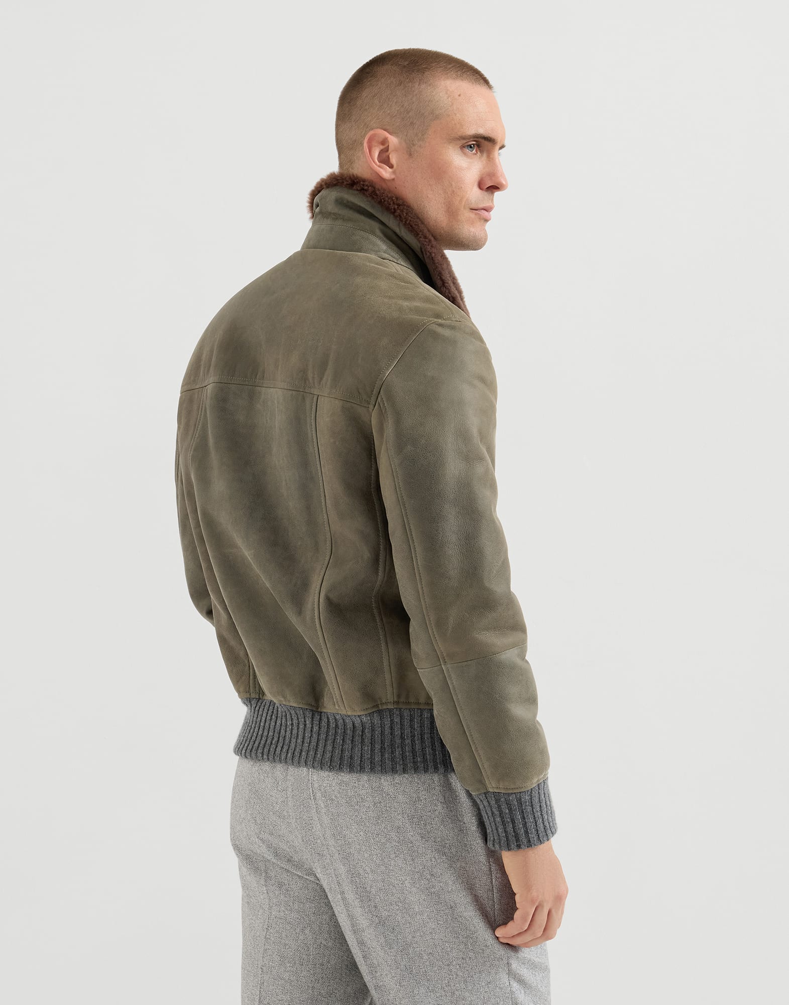 Waxed shearling bomber jacket for Man in Military | Brunello Cucinelli