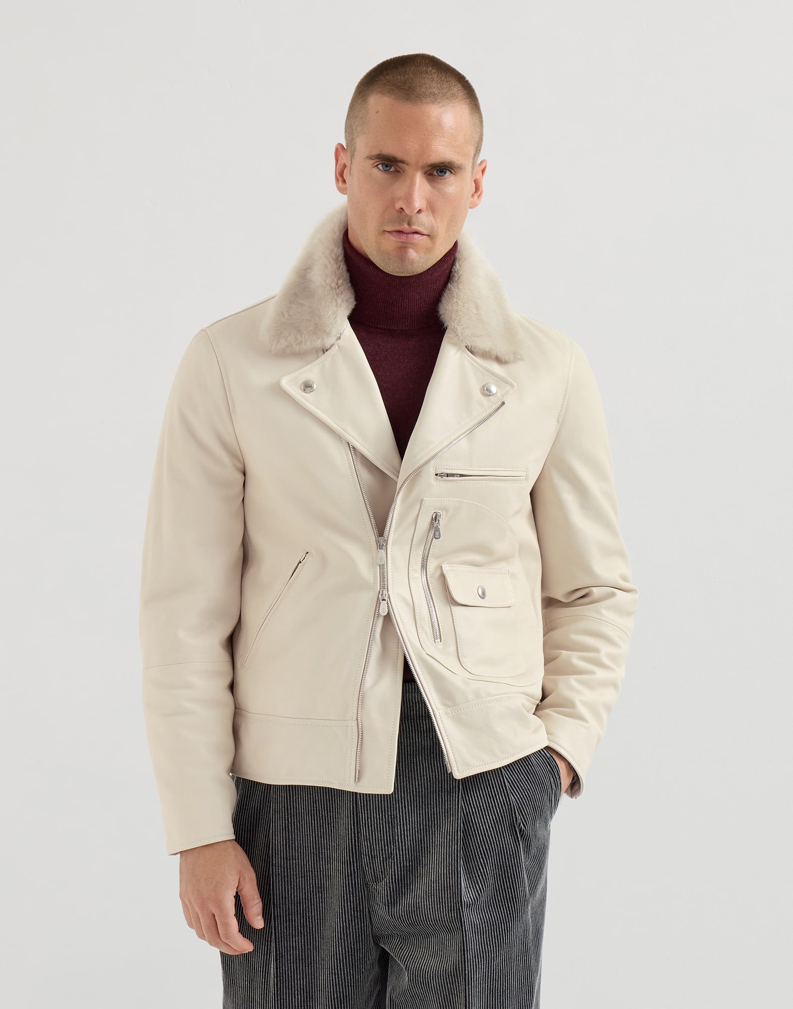 Nappa leather biker jacket Ivory Man - Brunello Cucinelli