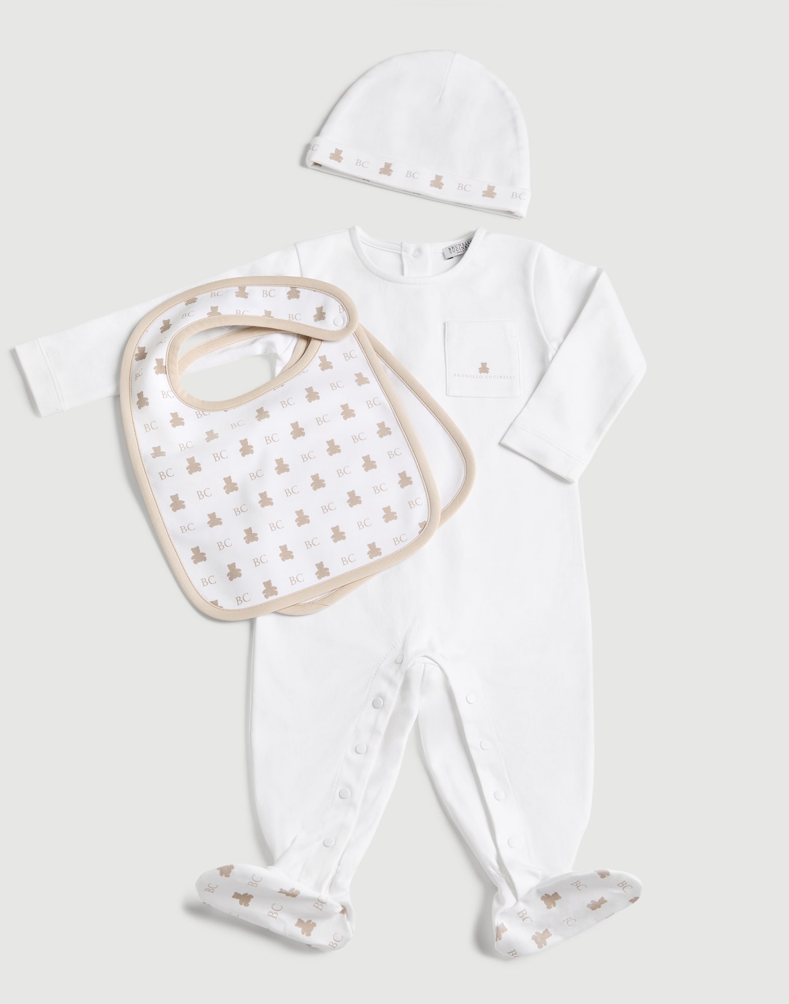 Baby Bernie coverall, beanie and bibs set White Baby - Brunello Cucinelli
