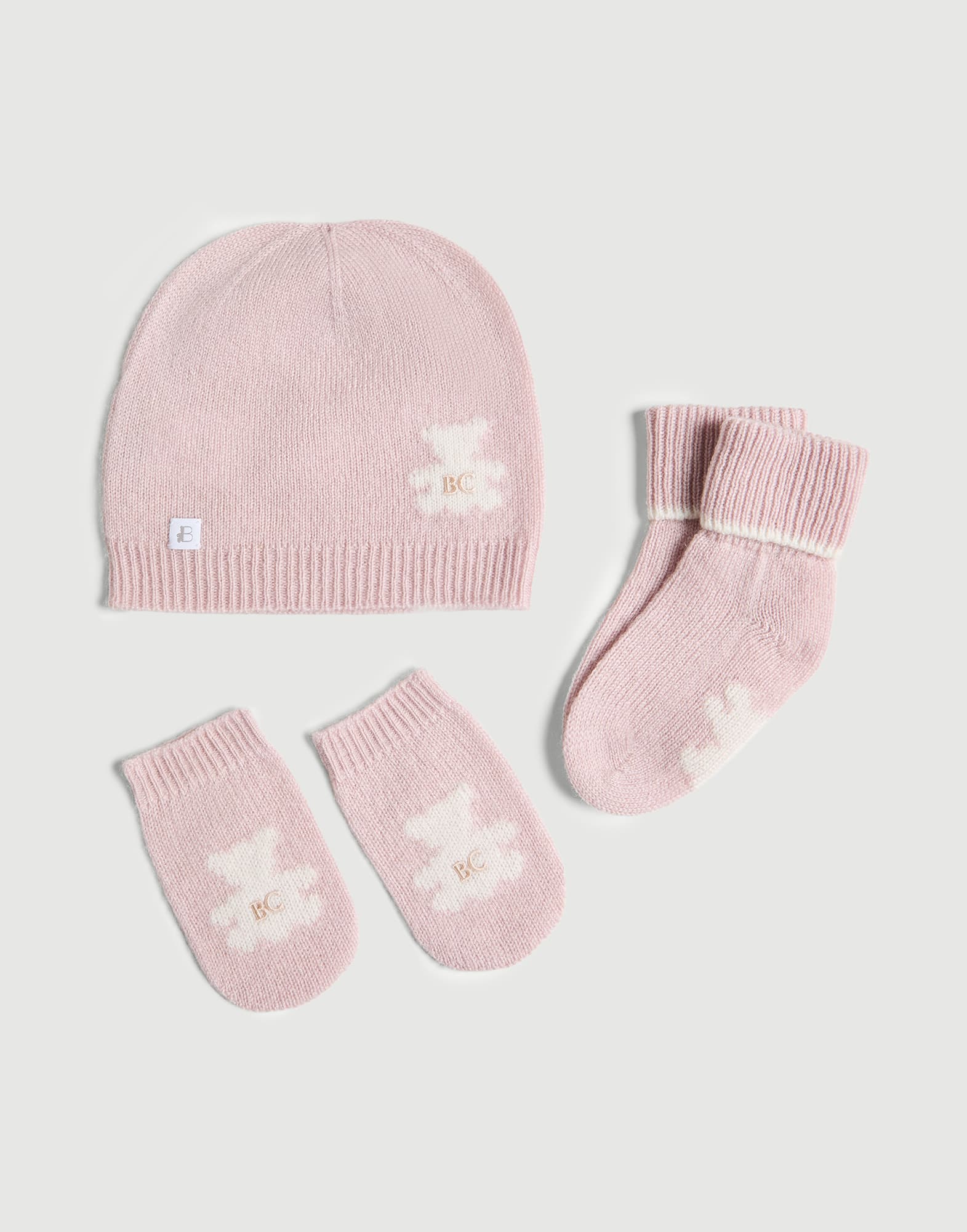 Baby Bernie beanie, gloves and socks set Pink Baby - Brunello Cucinelli