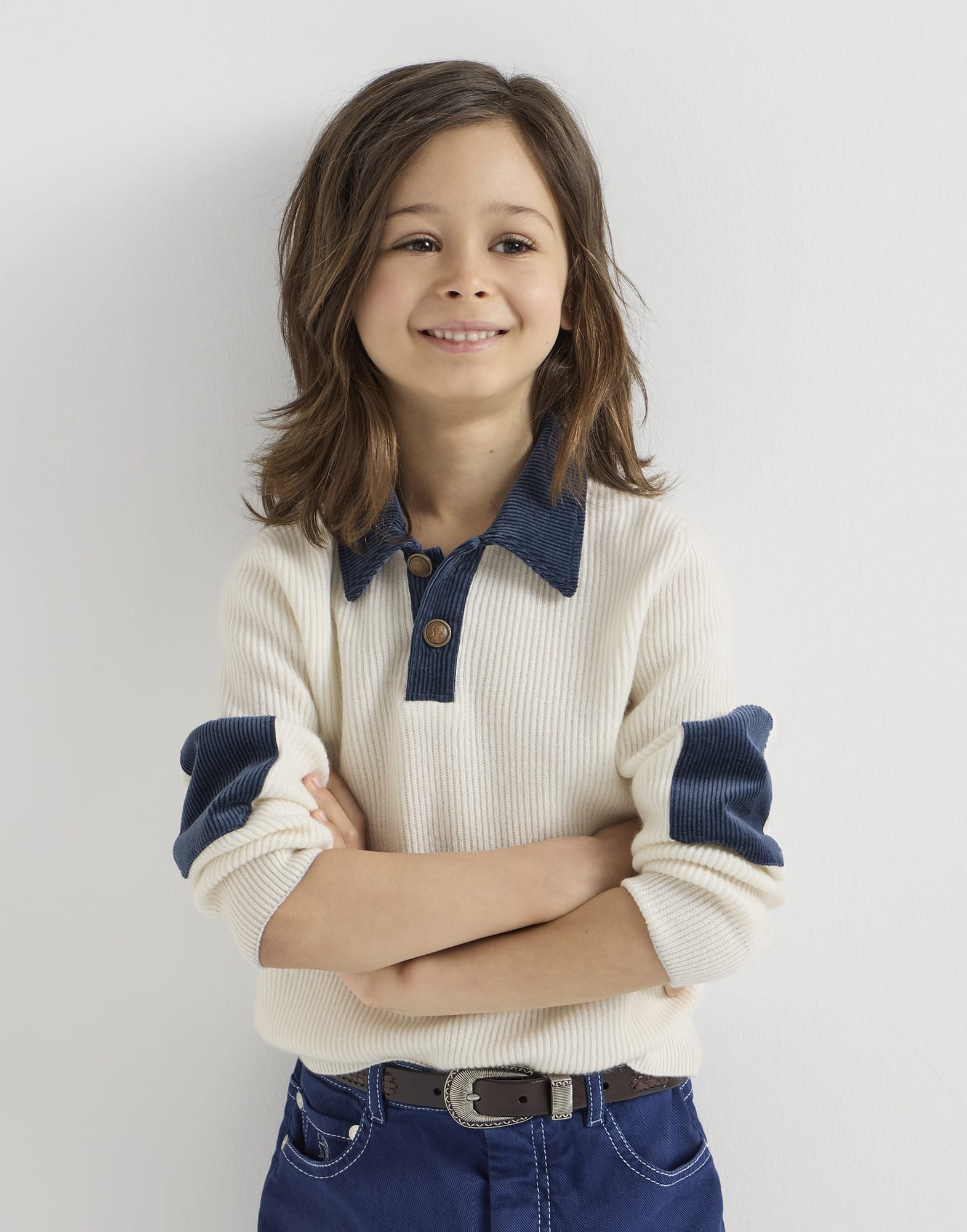 Cashmere English rib polo for Boys in Light Grey | Brunello Cucinelli