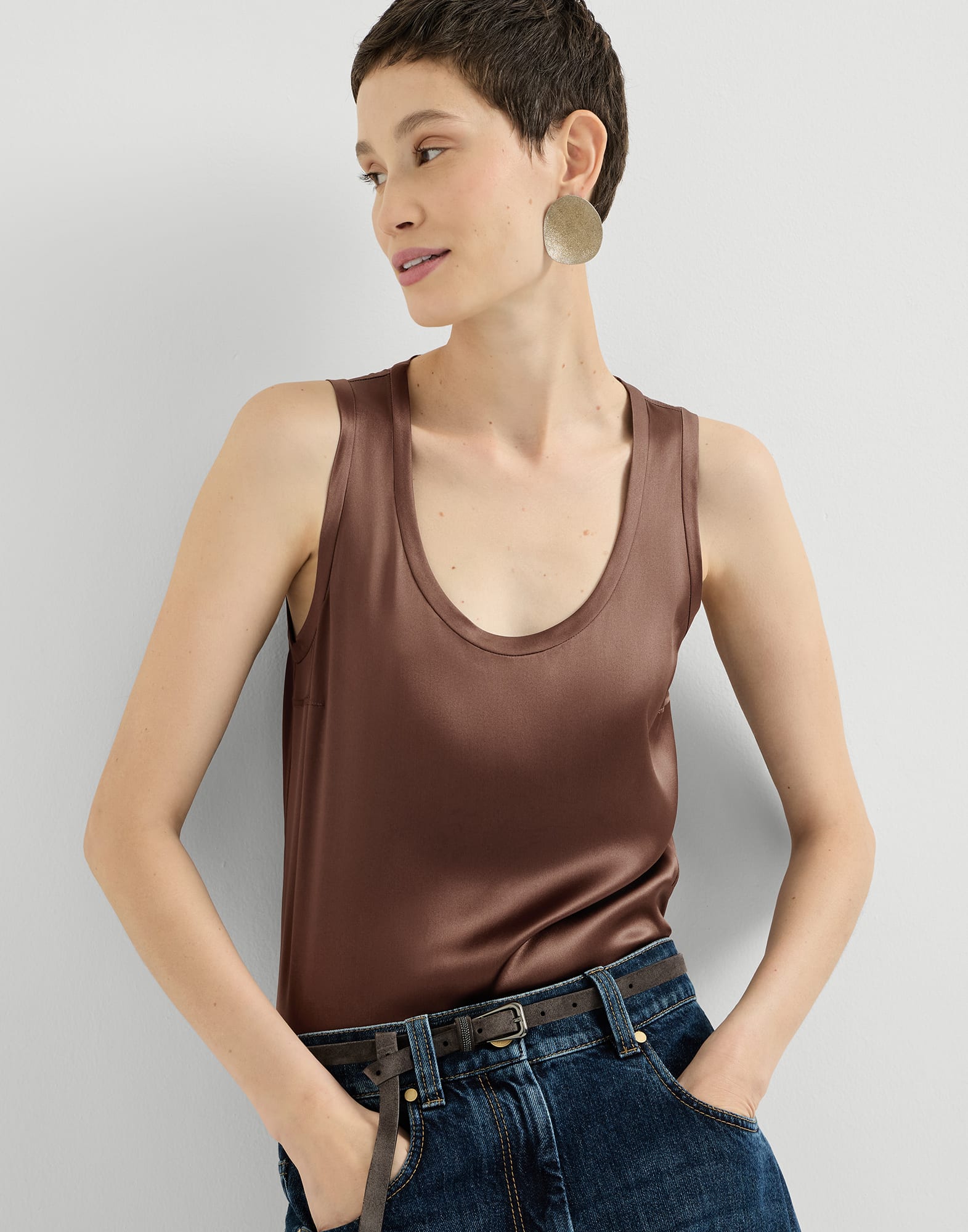 Stretch silk satin camisole for Woman in Brown | Brunello Cucinelli