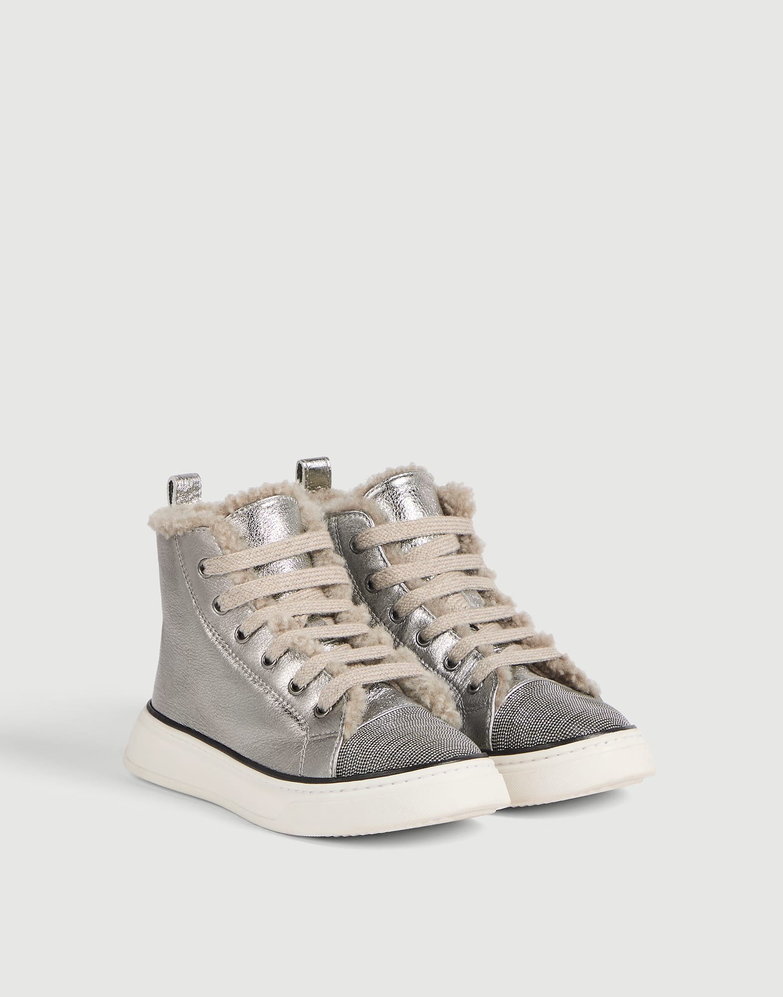 Sneakers en cuir de veau lam&eacute; Argent Fille - Brunello Cucinelli