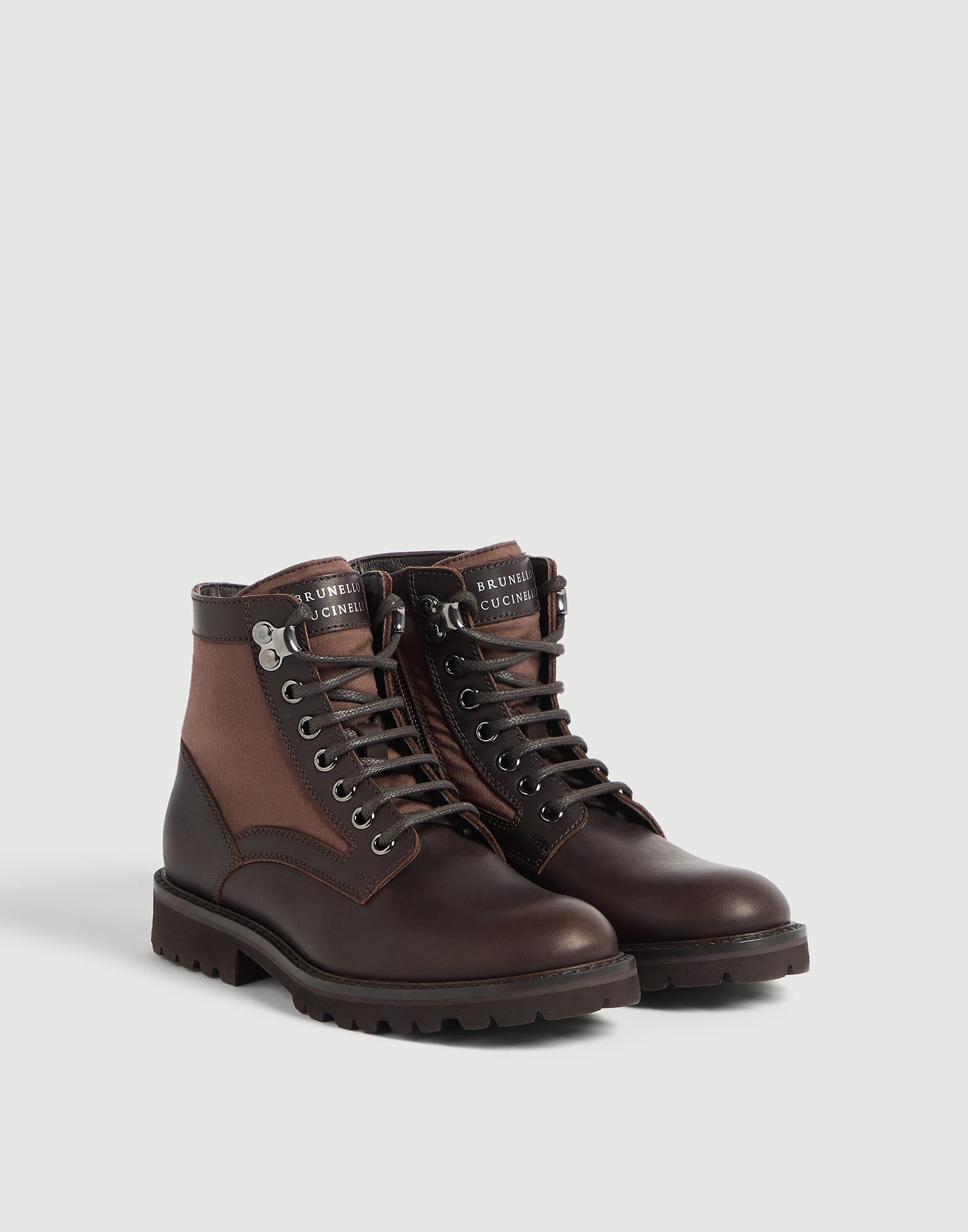 Bottines en veau et coton technique cir&eacute; Brun Fonc&eacute; Gar&ccedil;on - Brunello Cucinelli