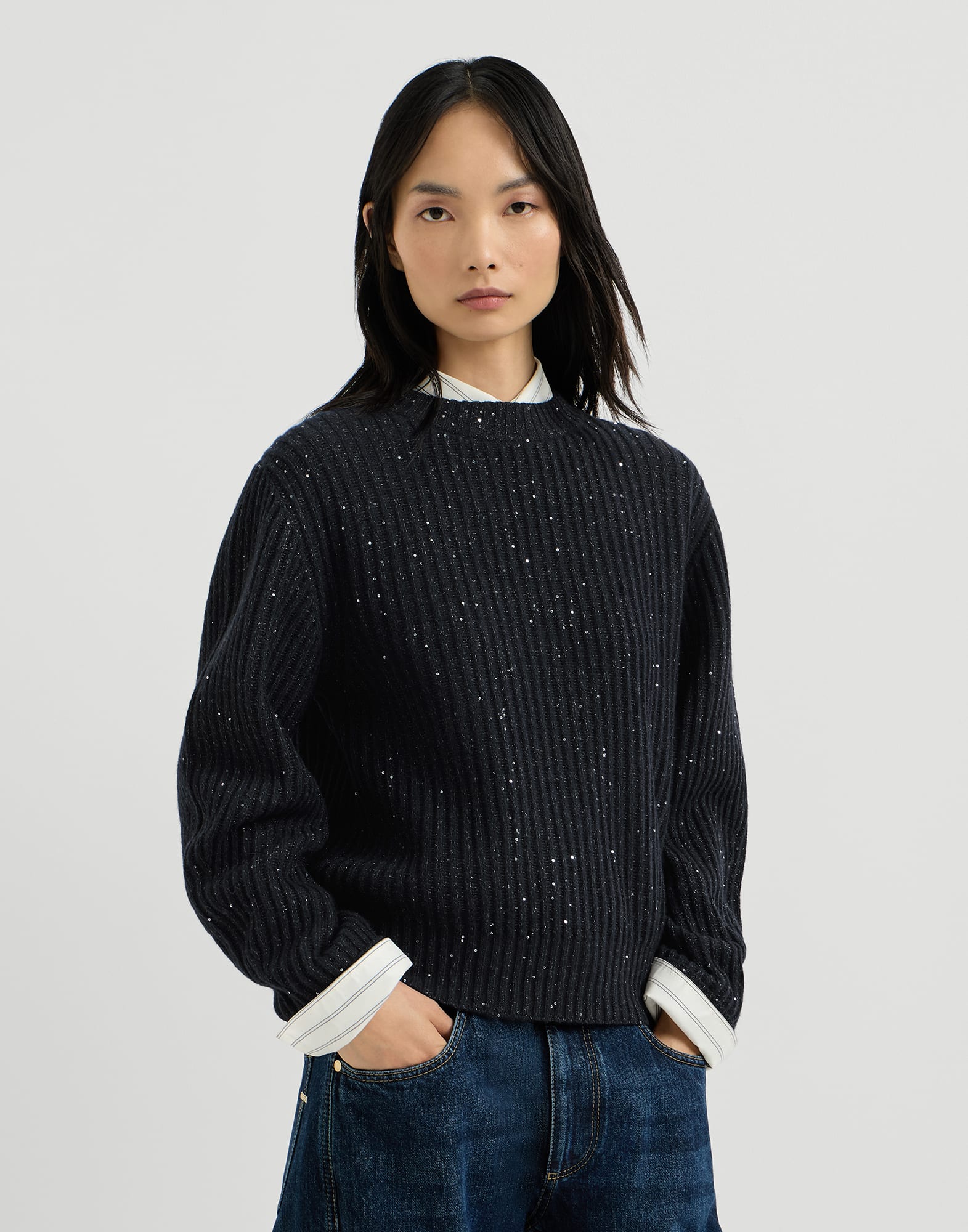 Diamant-Pullover in Patentstrick Kobaltblau Damen - Brunello Cucinelli