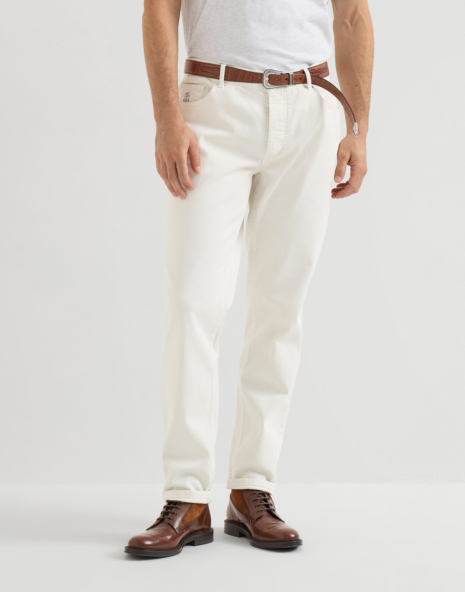 Traditional fit five-pocket trousers for Man in White | Brunello