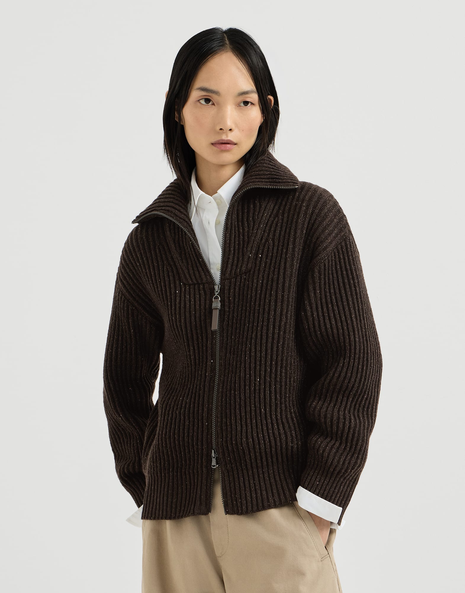 Sparkling & Dazzling ribbed cardigan Coffee Woman - Brunello Cucinelli