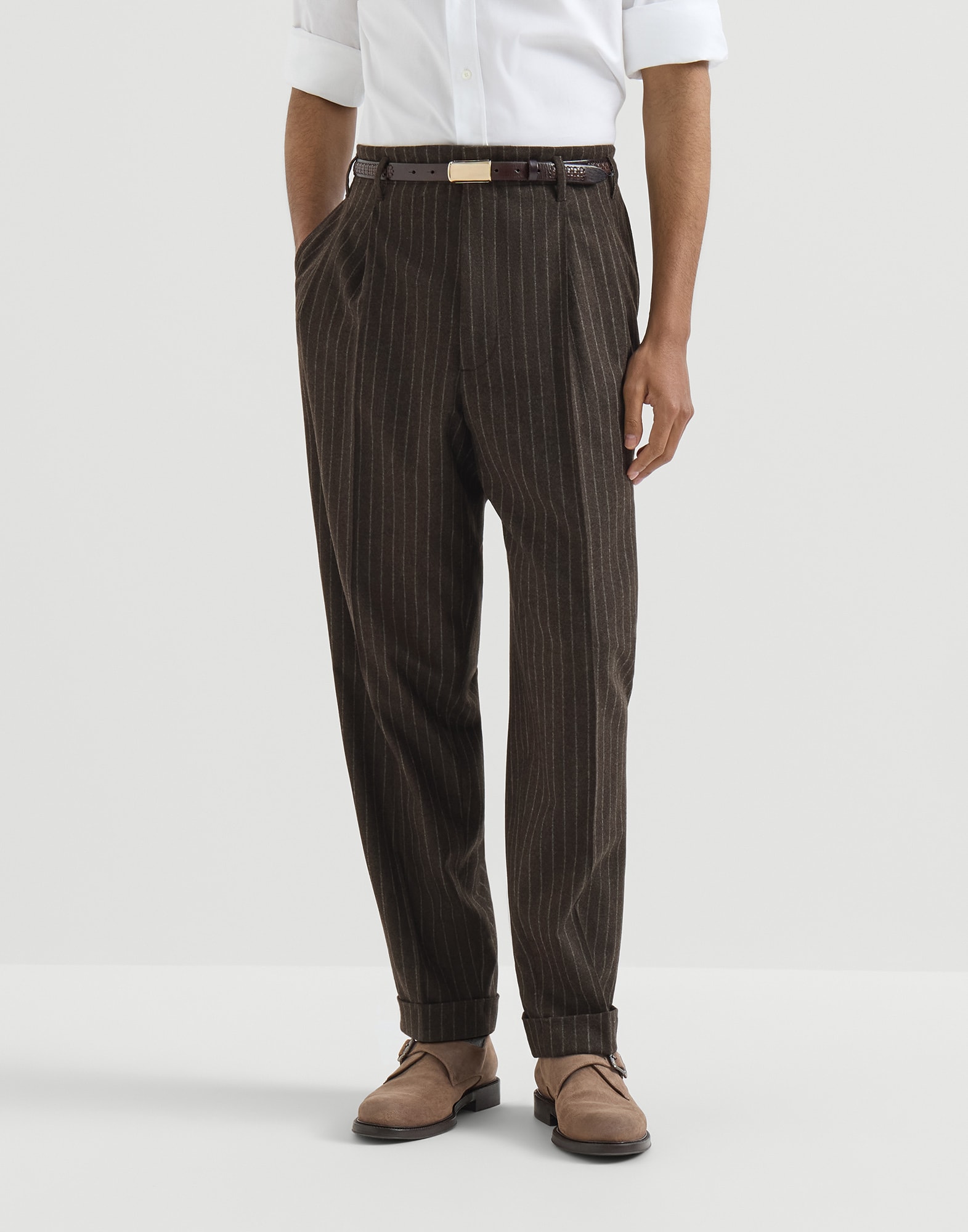 Pantal&oacute;n de lana virgen y cachemir Marr&oacute;n Hombre - Brunello Cucinelli