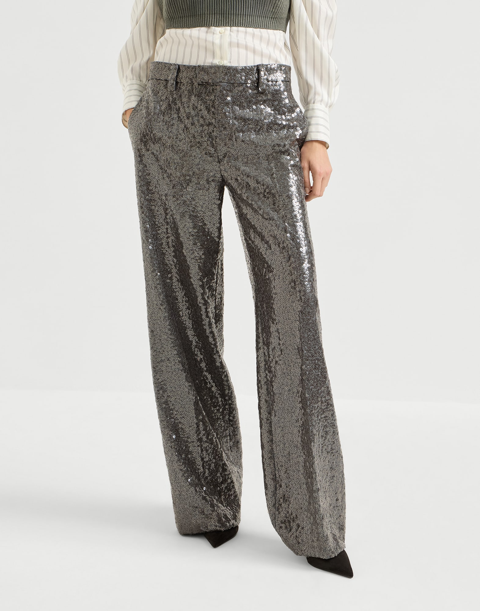 Dazzling texture embroidery trousers Dark Grey Woman - Brunello Cucinelli