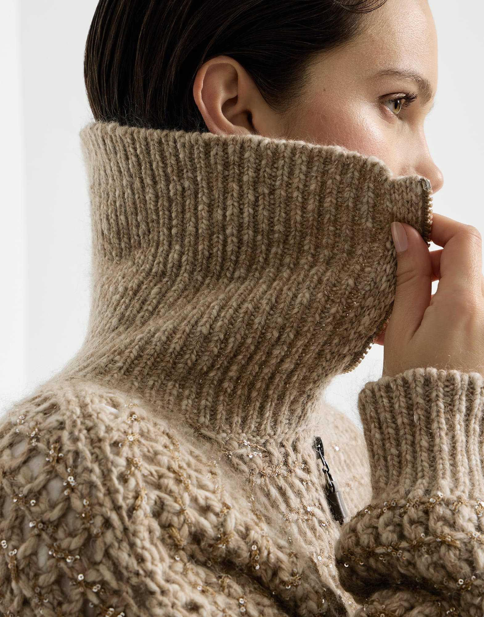 Dazzling net cardigan for Woman in Light Brown | Brunello Cucinelli