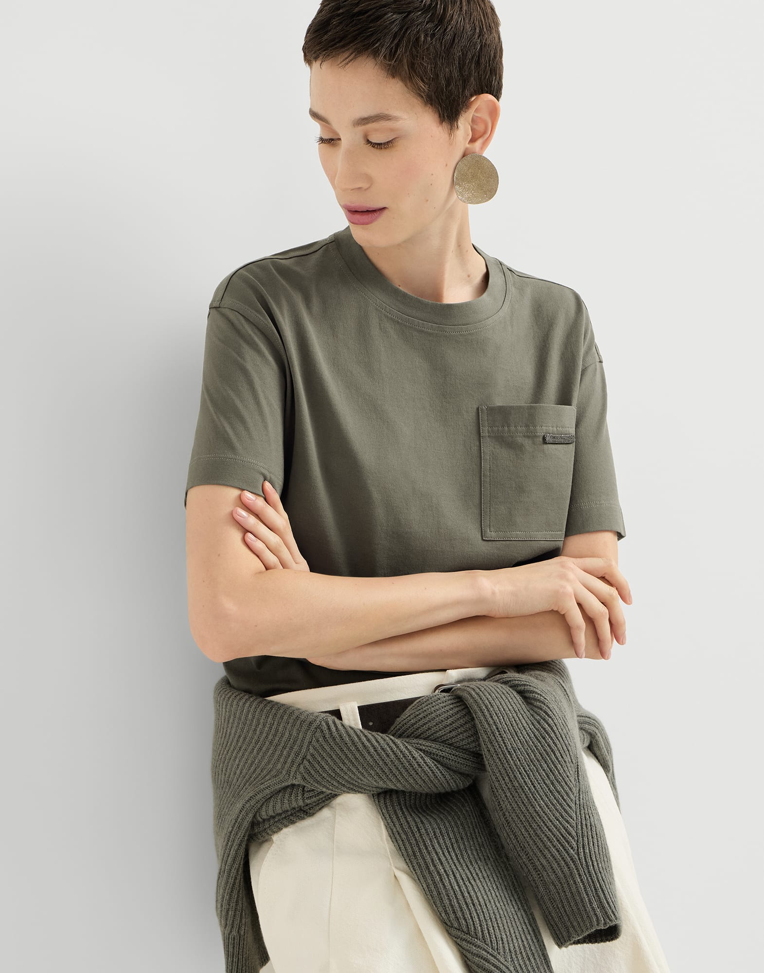 BRUNELLO CUCINELLI - 未使用品△Brunello Cucinelli ブルネロクチネリ モニーレ付き コットンジャージー クルーネック 半袖Ｔシャツ ホワイト S イタリア製 正規品 レディース 定価80,300円 レディース 向け ホワイト コットンジャージー Tシャツ | Brunello