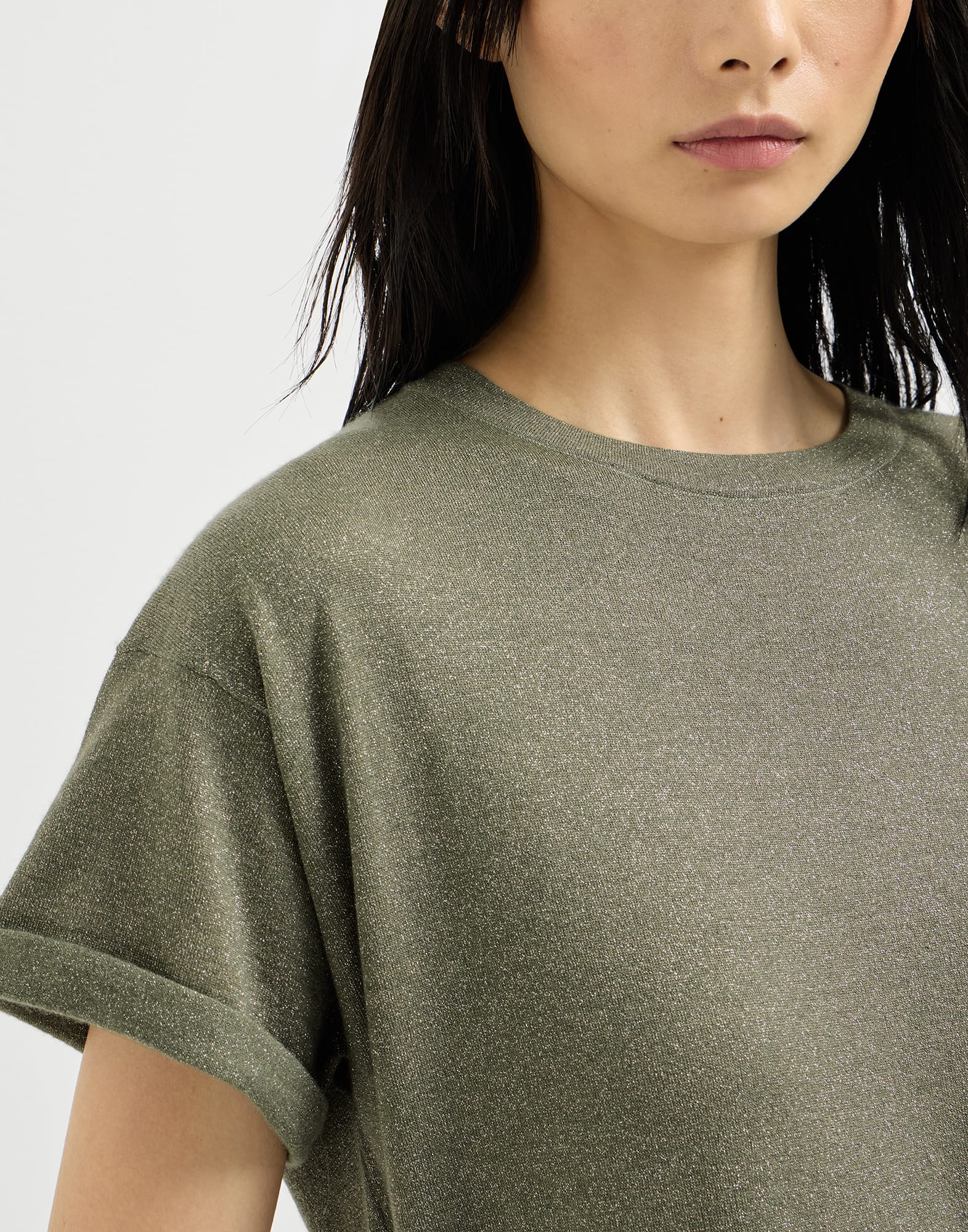 レディース 向け ライトグレー カシミヤ&シルク ニットTシャツ