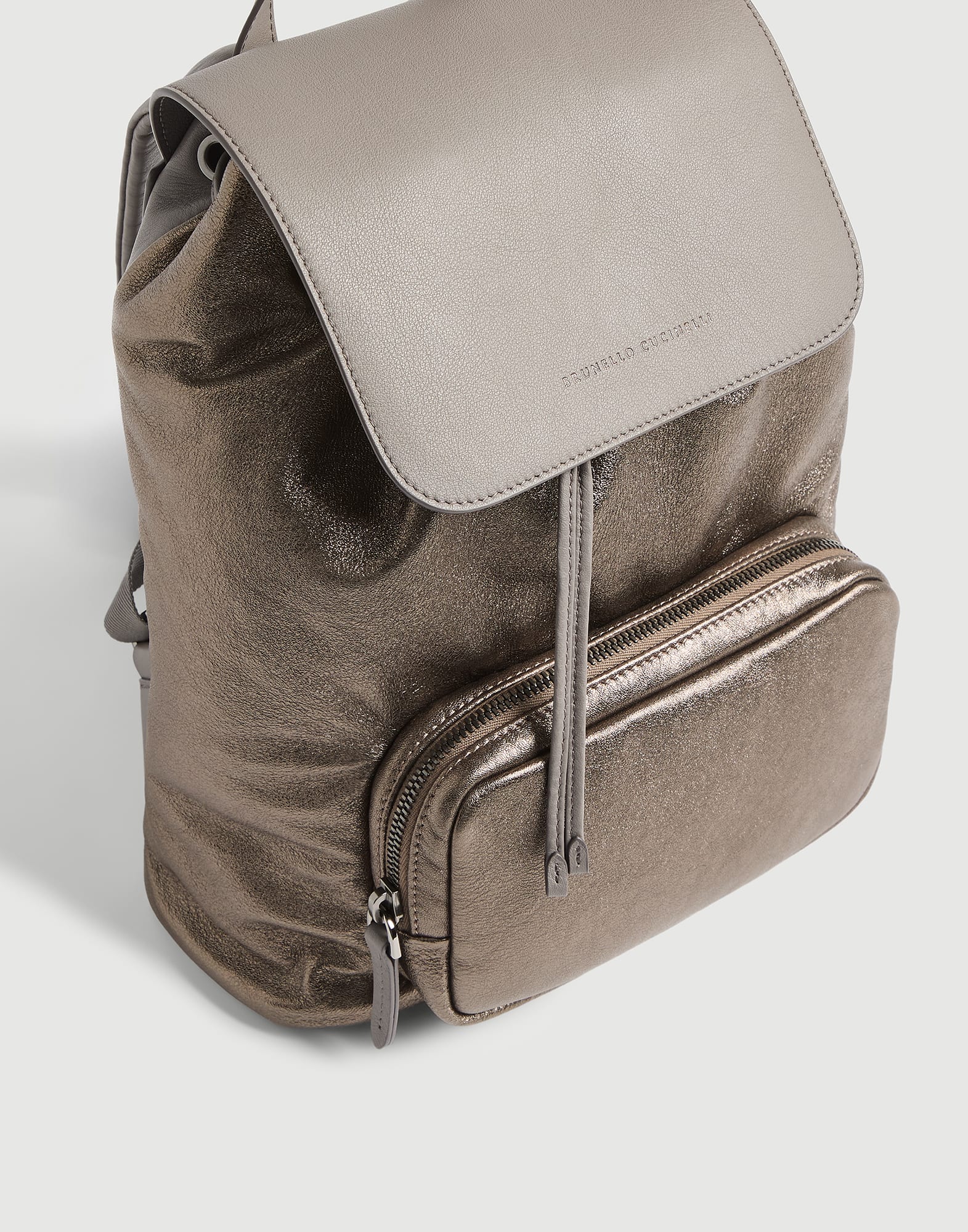 Lamé calfskin and grained leather backpack for Girls in Bronze