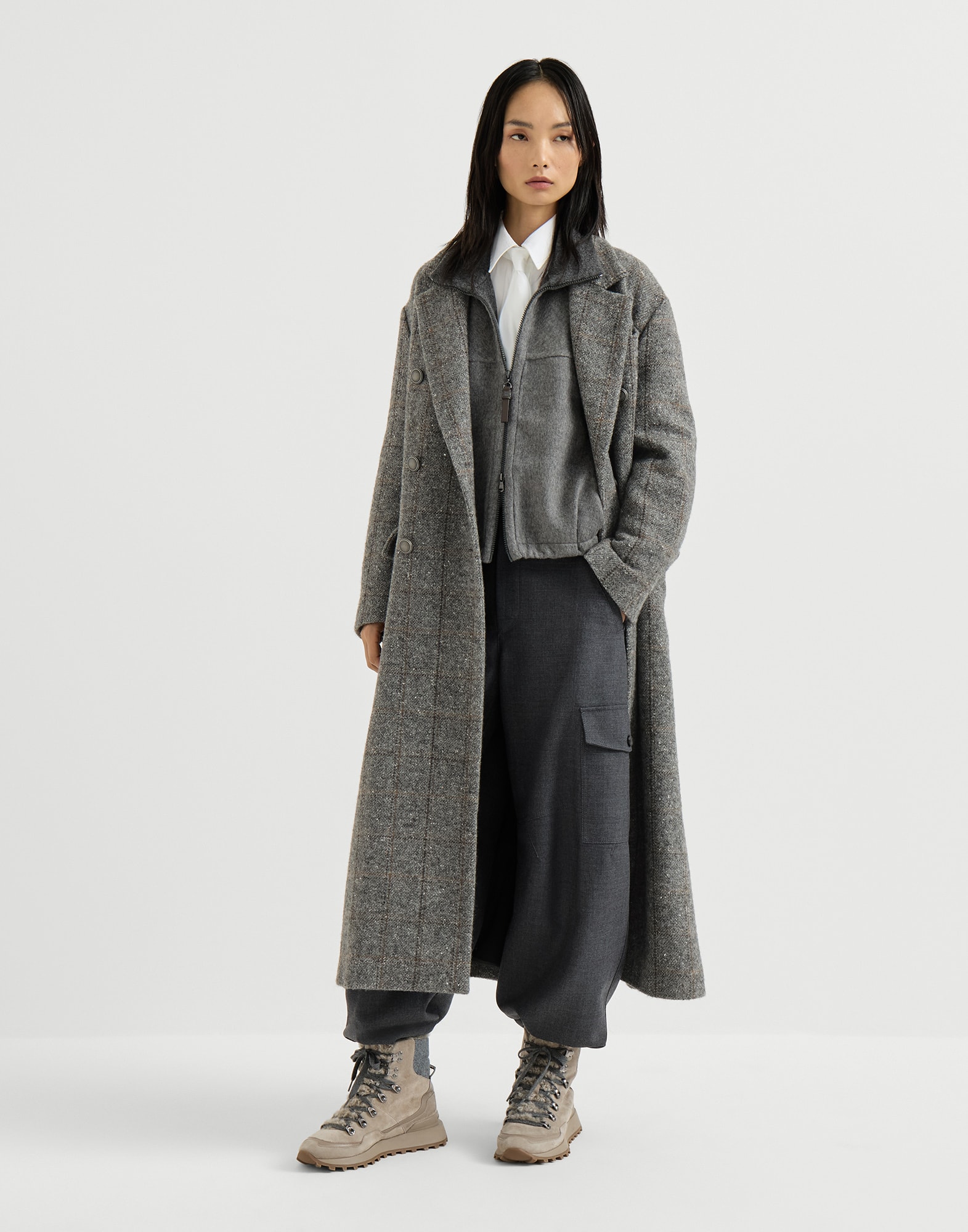 Check tweed coat for Woman in Dark Grey | Brunello Cucinelli