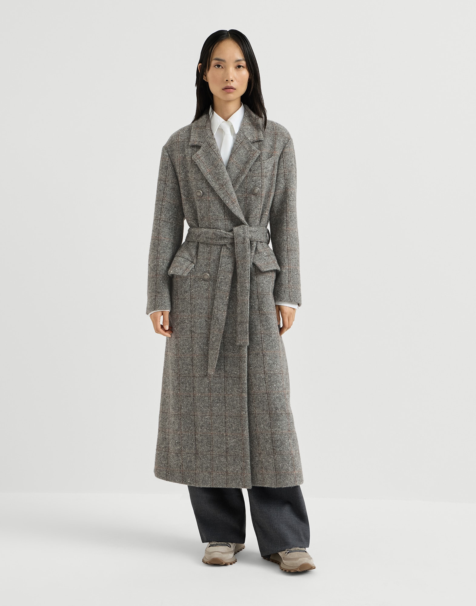Check tweed coat for Woman in Dark Grey | Brunello Cucinelli