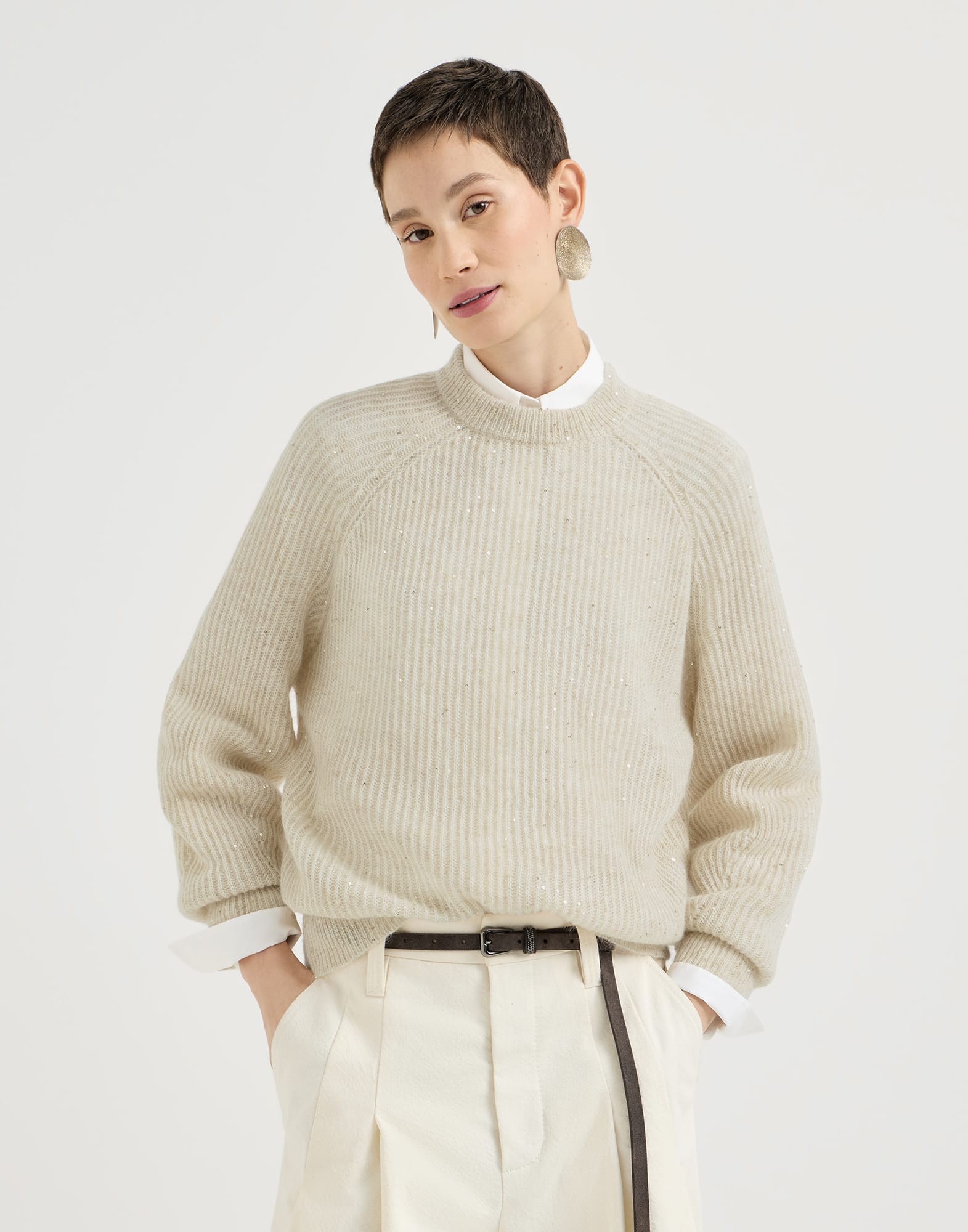 Diamond yarn English rib sweater Ivory Woman - Brunello Cucinelli