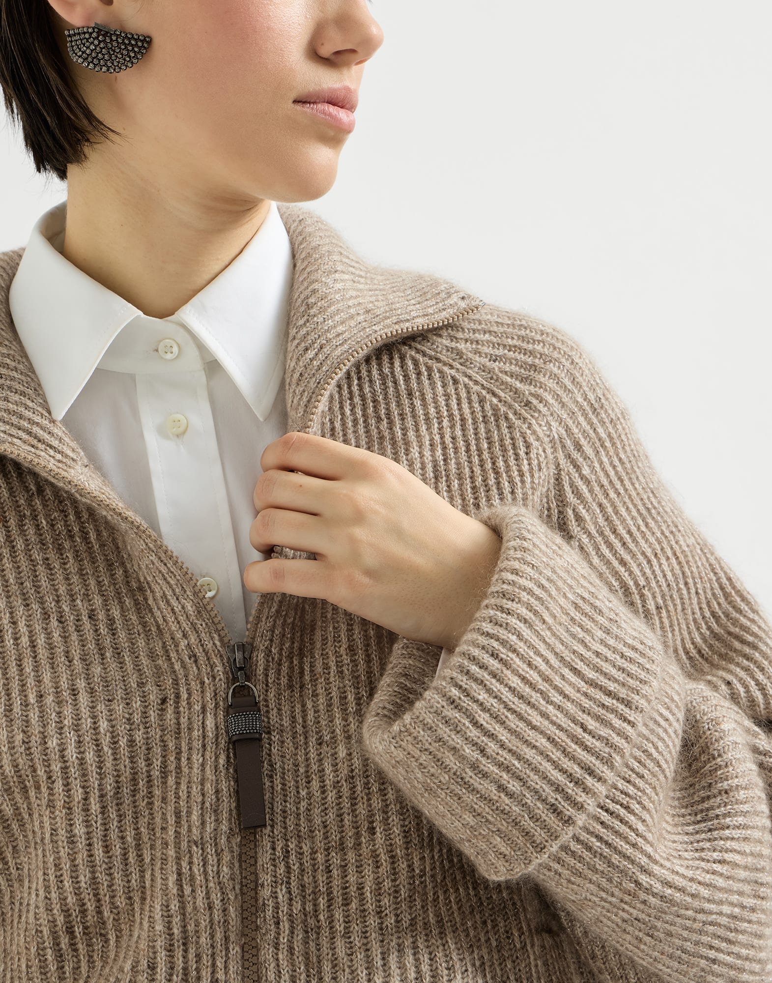 美品　BRUNELLO CUCINELLI モニーレ　カーディガン　M レディース 向け ライトブラウン モニーレ付き リブ カーディガン