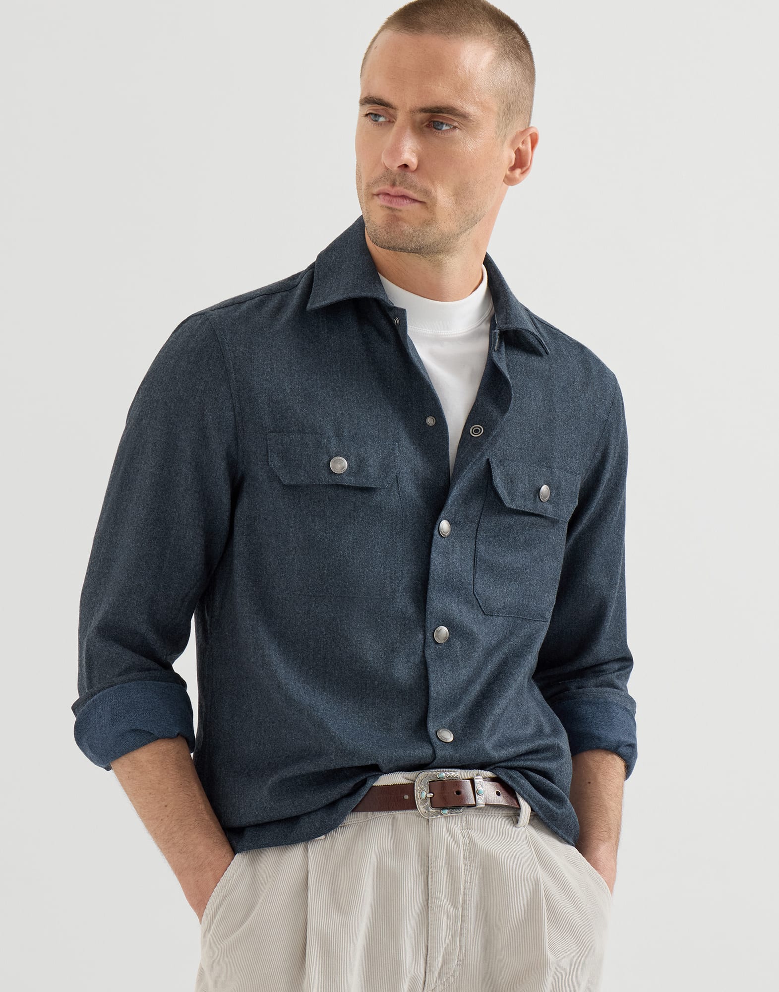 Overshirt with spread collar for Man in Denim | Brunello Cucinelli