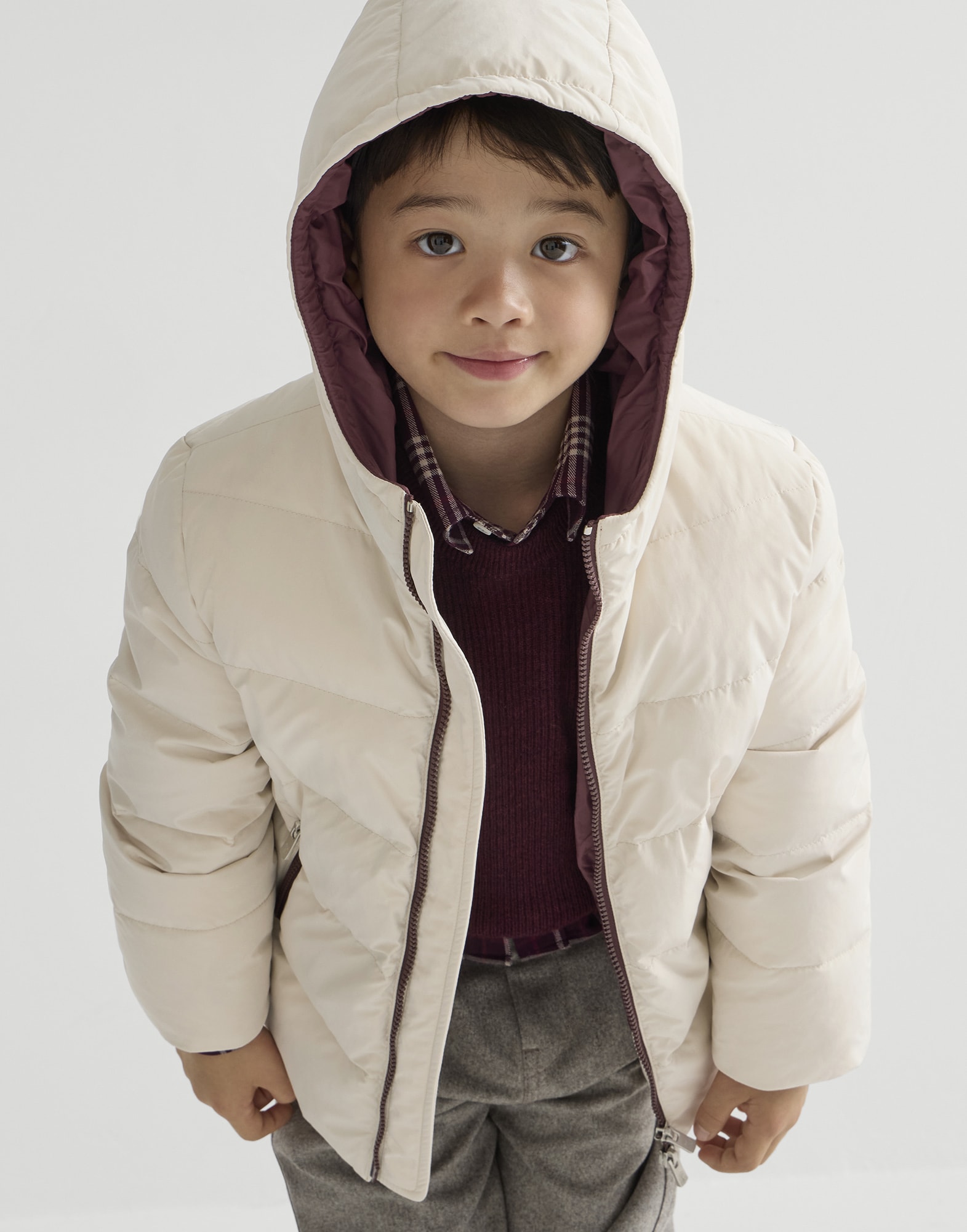 Nylon hooded down jacket for Boys in Ivory | Brunello Cucinelli
