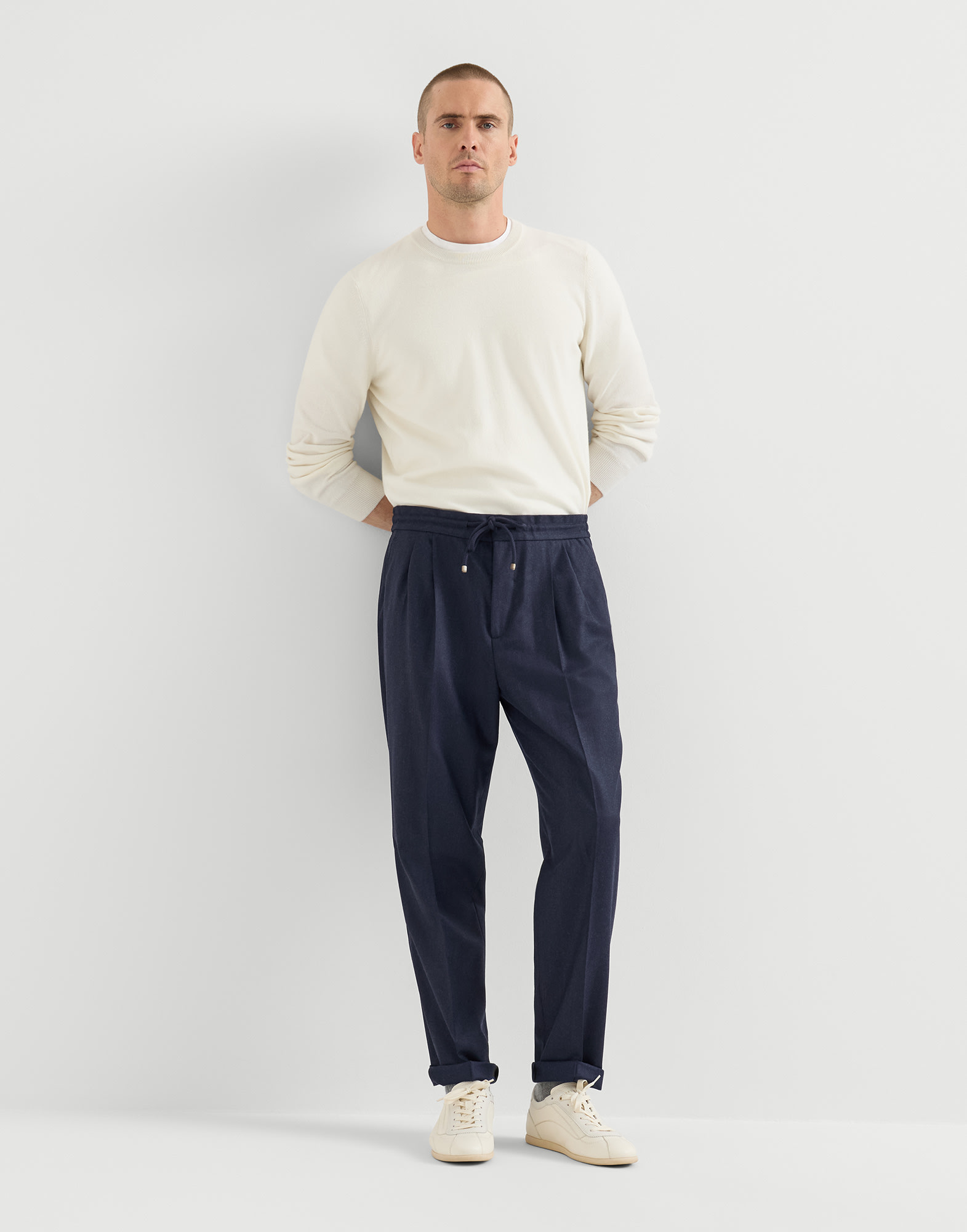 Virgin wool flannel trousers for Man in Black | Brunello Cucinelli