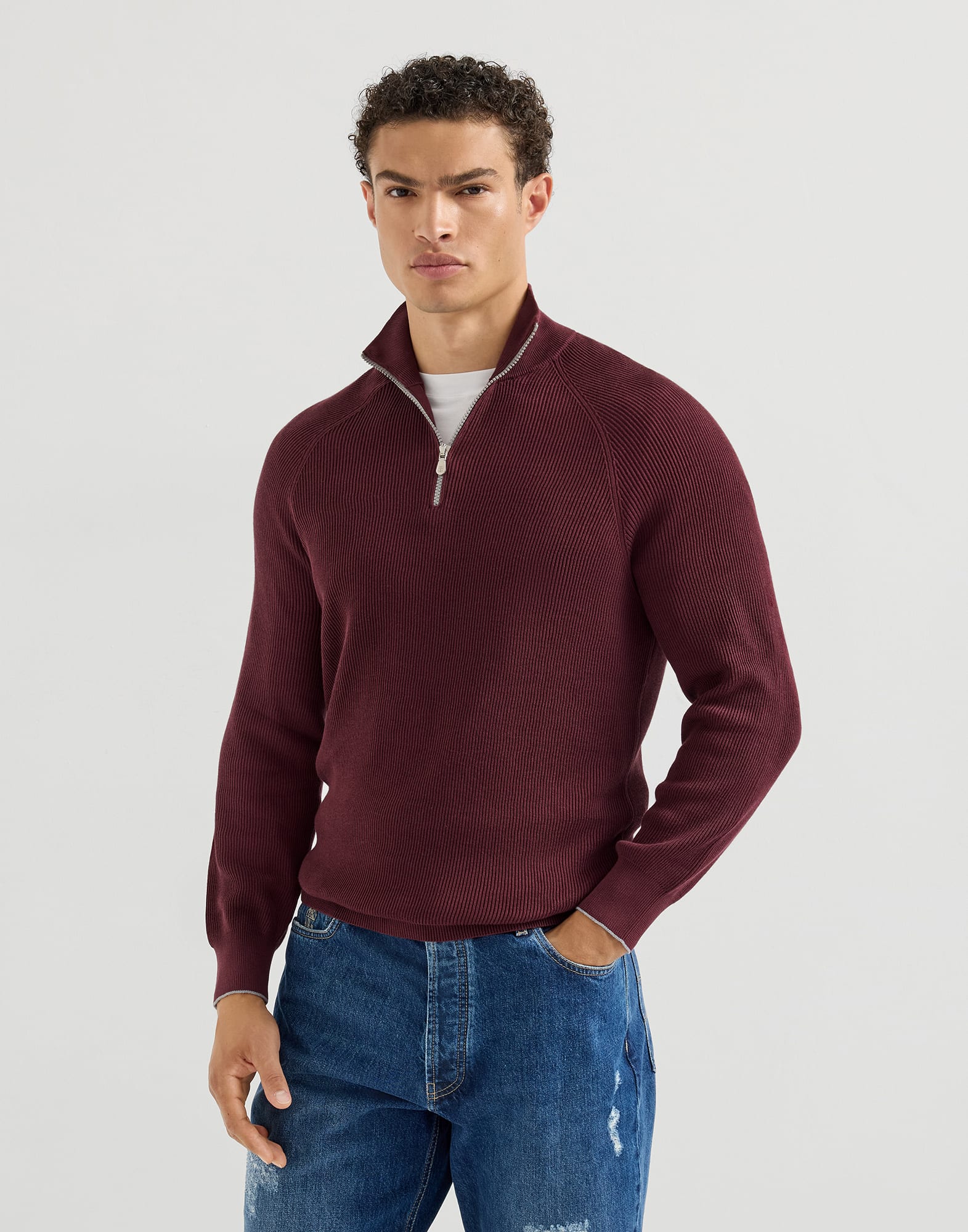 English Rib knit sweater for Man in Burgundy | Brunello Cucinelli