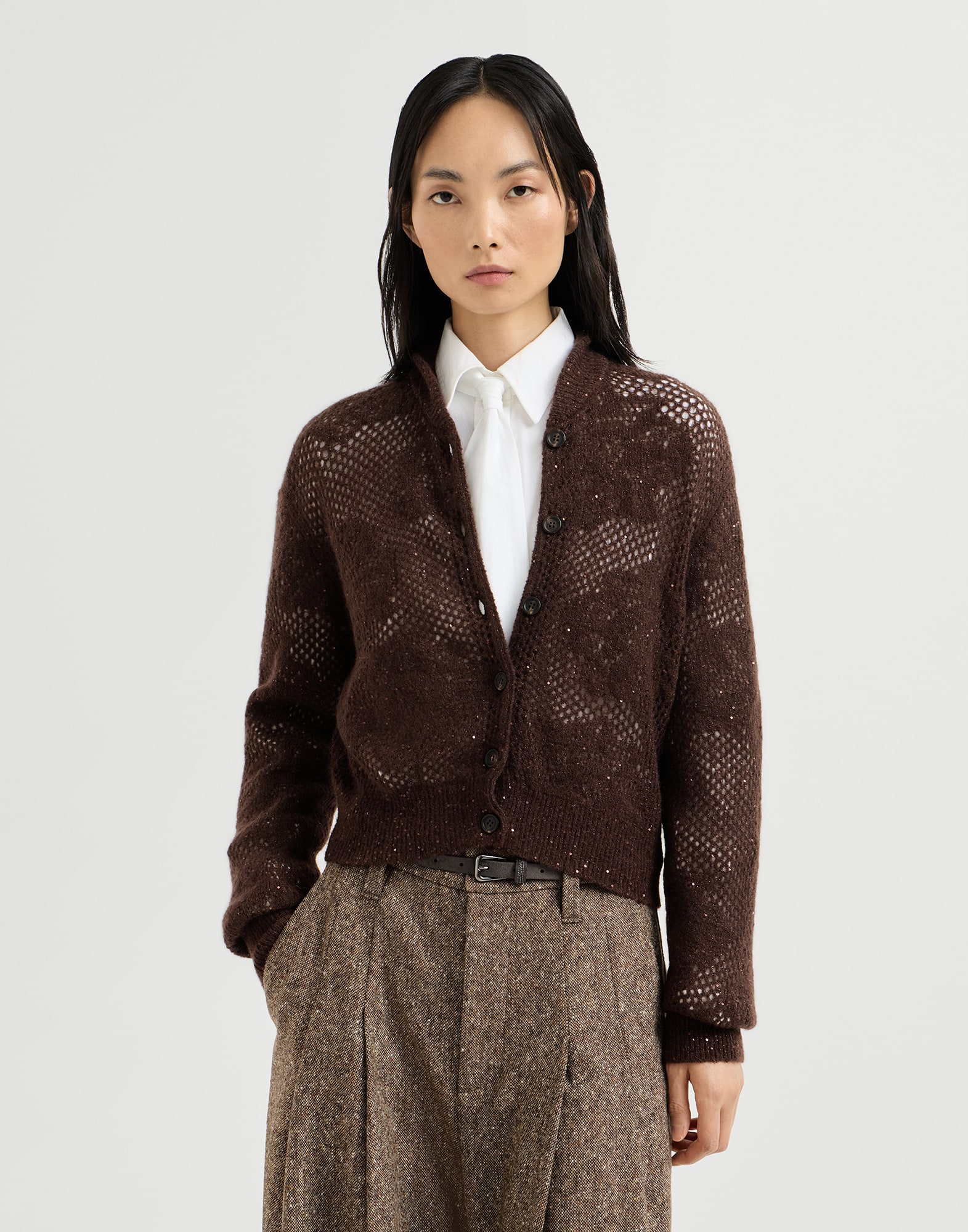 Lace flowers cardigan for Woman in Brown | Brunello Cucinelli