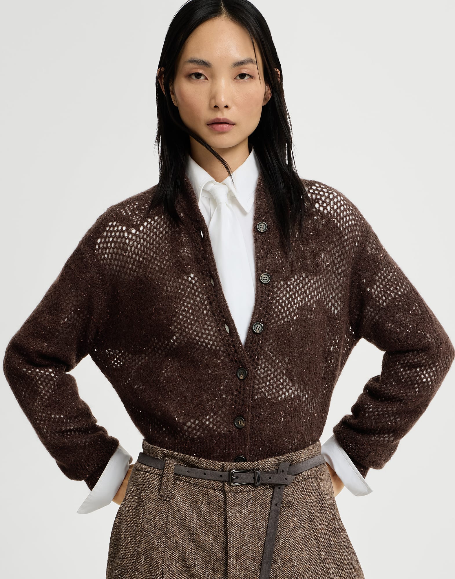 Lace flowers cardigan for Woman in Brown | Brunello Cucinelli