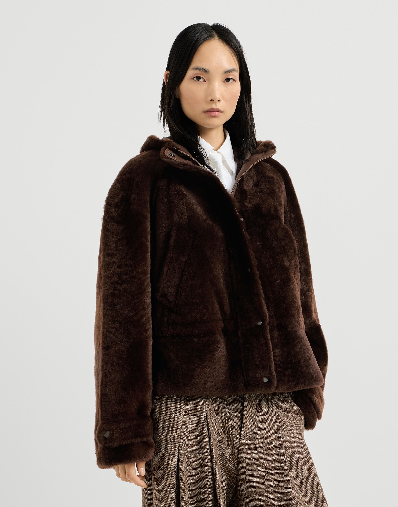 Shearling outerwear for Woman in Brown Gianduia | Brunello Cucinelli