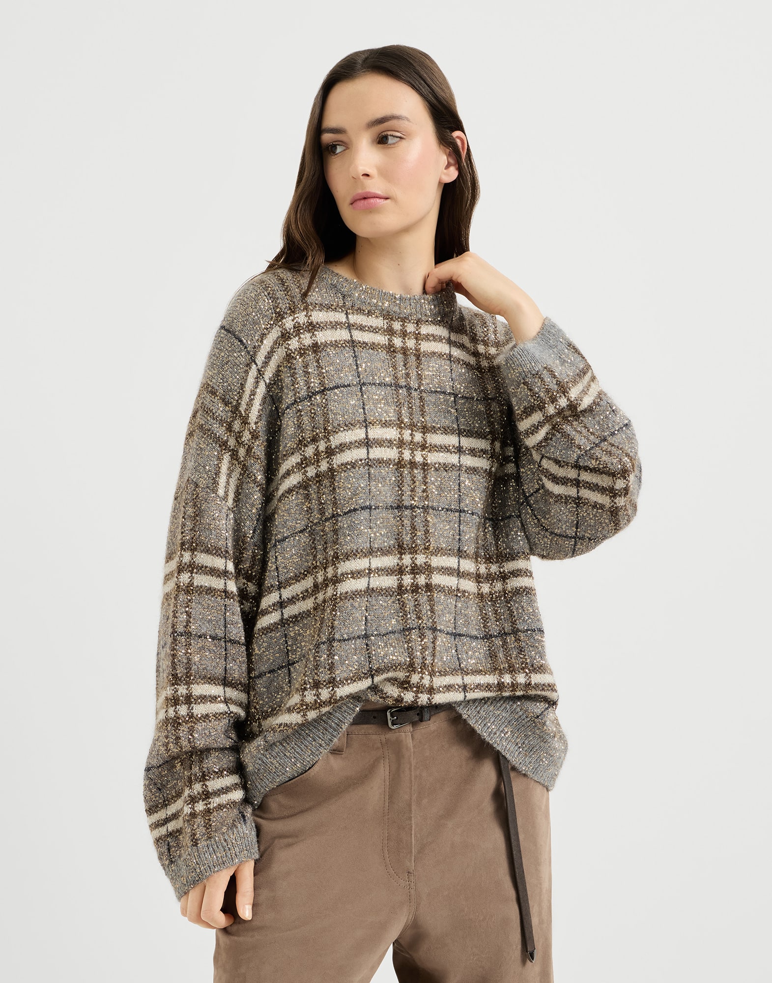 BRUNELLO CUCINELLI ボーダーニット Dazzling Prince of Wales sweater for Woman in Light Brown