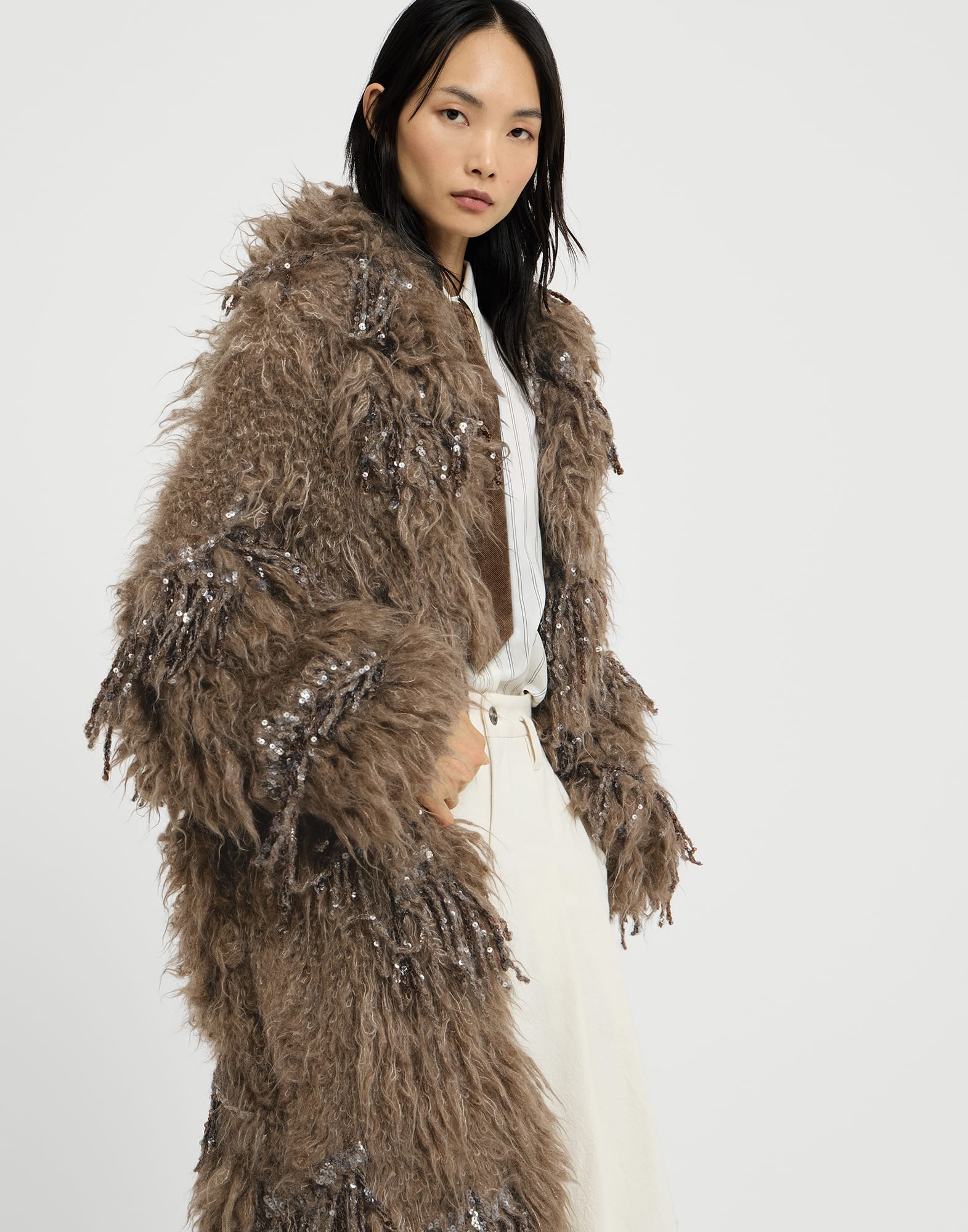 Dazzling moss embroidery long cardigan for Woman in Light Brown