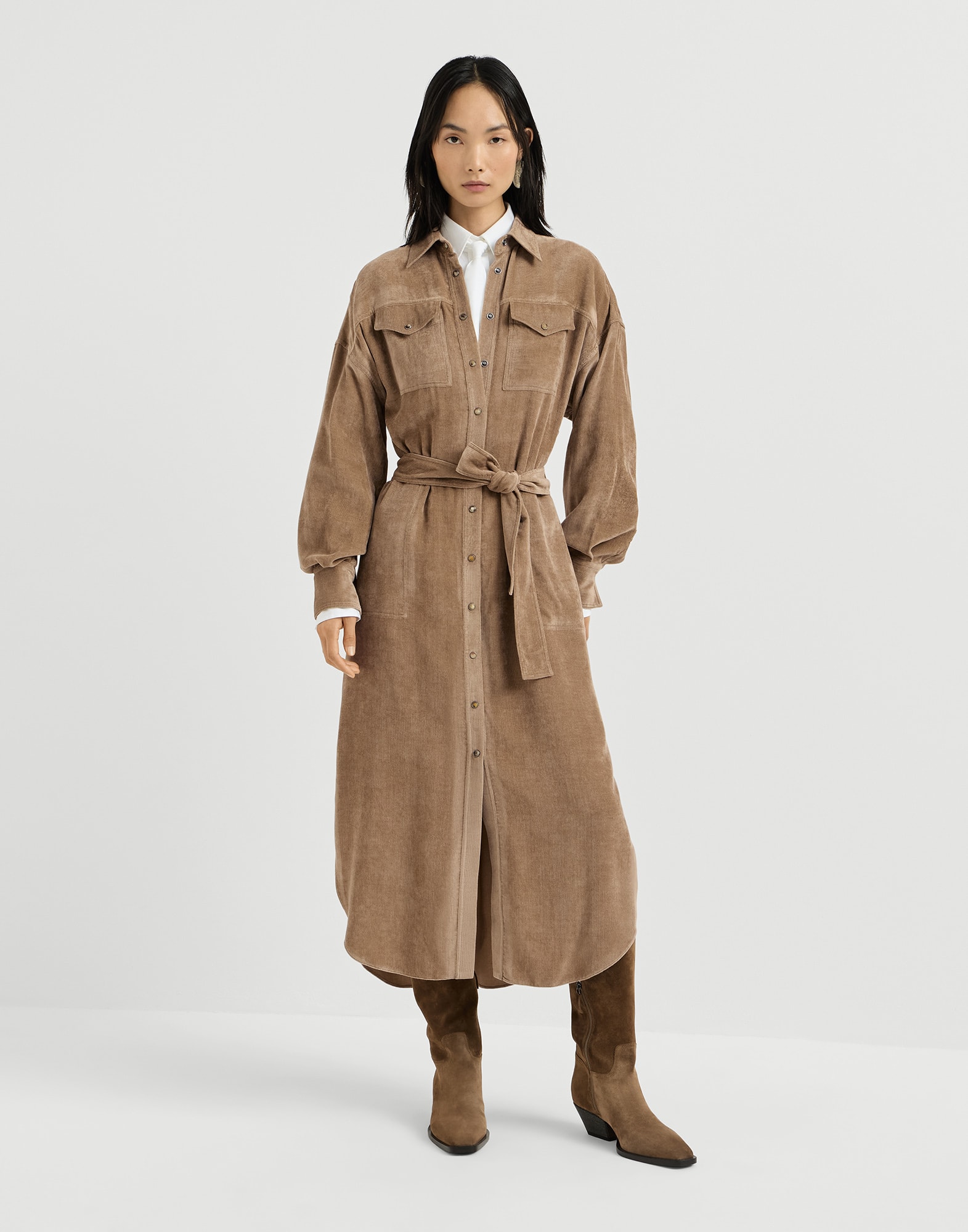 brown corduroy shirt dress Fluid for Woman in Cappuccino gala night dress Long sleeves Formidée Plus Size Women Untuckit COLOR:Natural