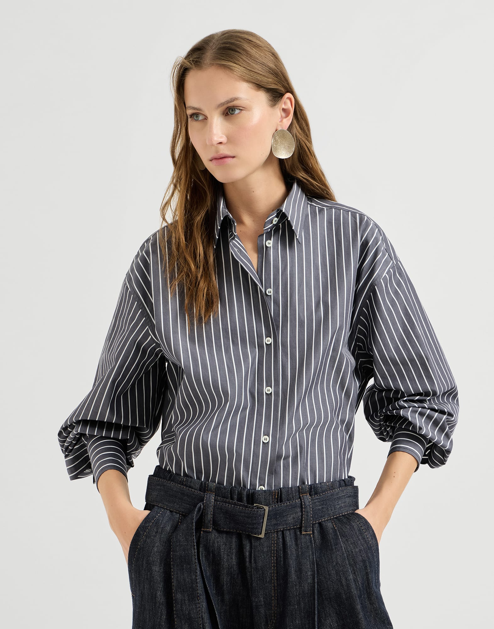 Striped poplin shirt for Woman in Denim | Brunello Cucinelli