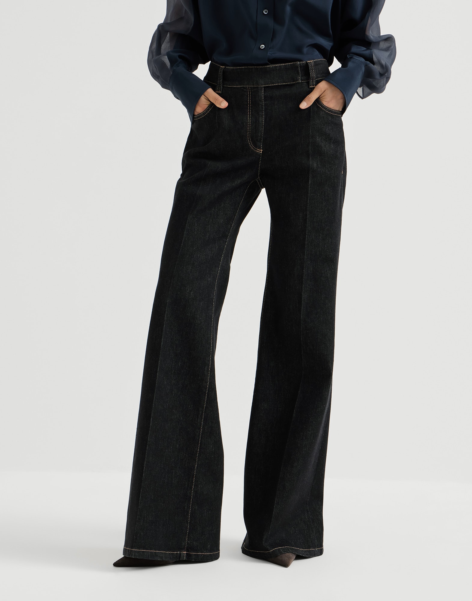 Flared trousers with monili for Woman in Black | Brunello Cucinelli