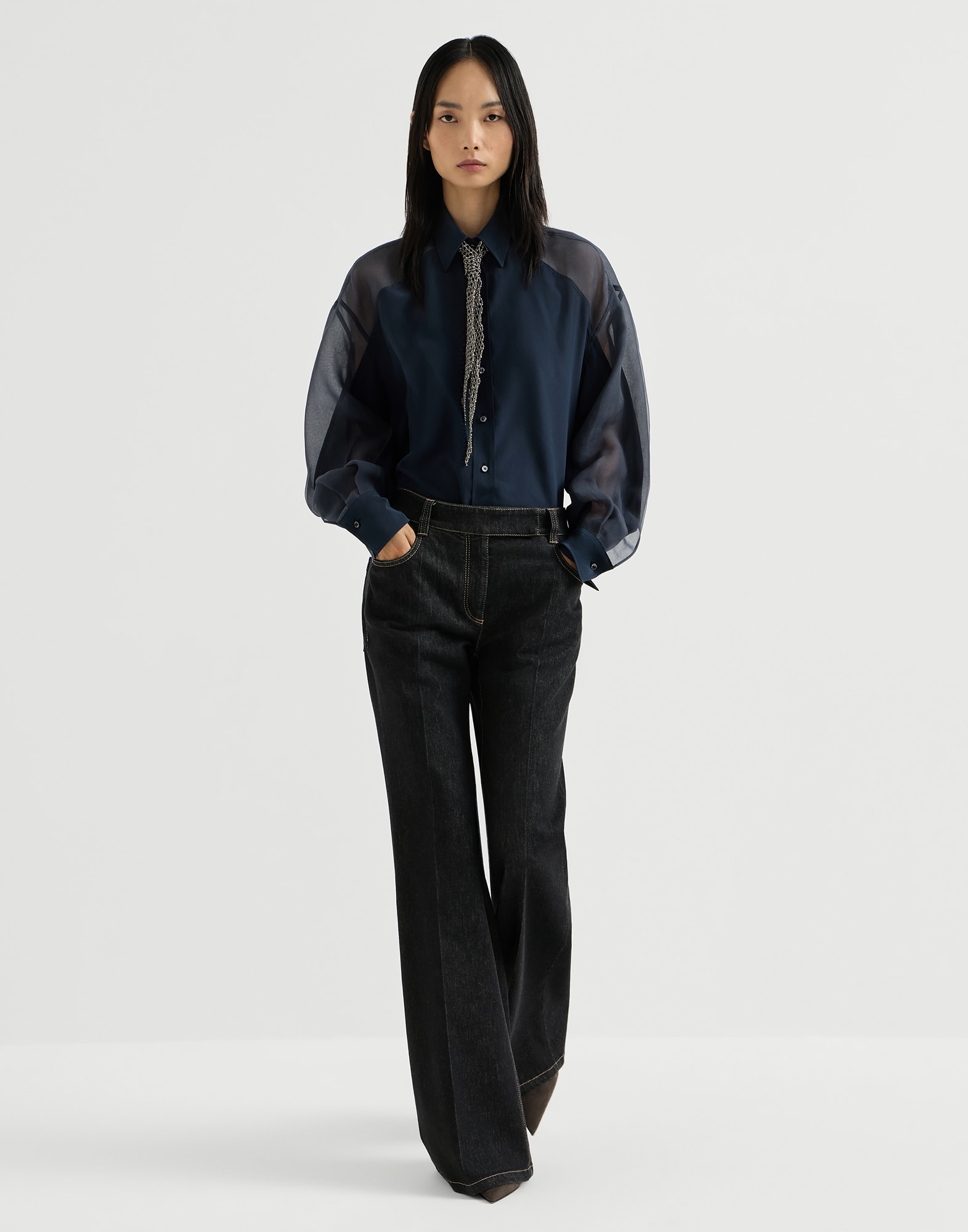 Flared trousers with monili for Woman in Black | Brunello Cucinelli