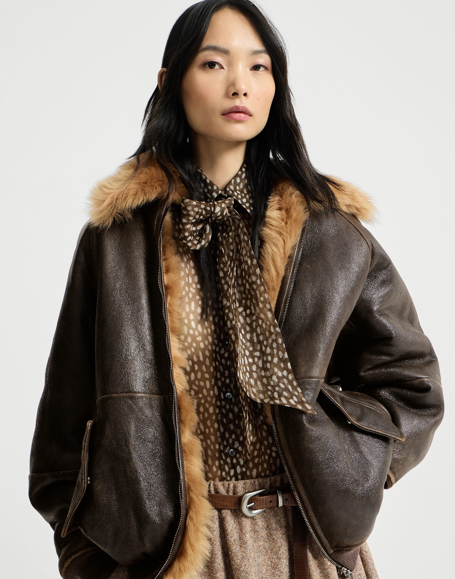 復古效果剪羊毛飛行夾克 榛子色 女士 - Brunello Cucinelli